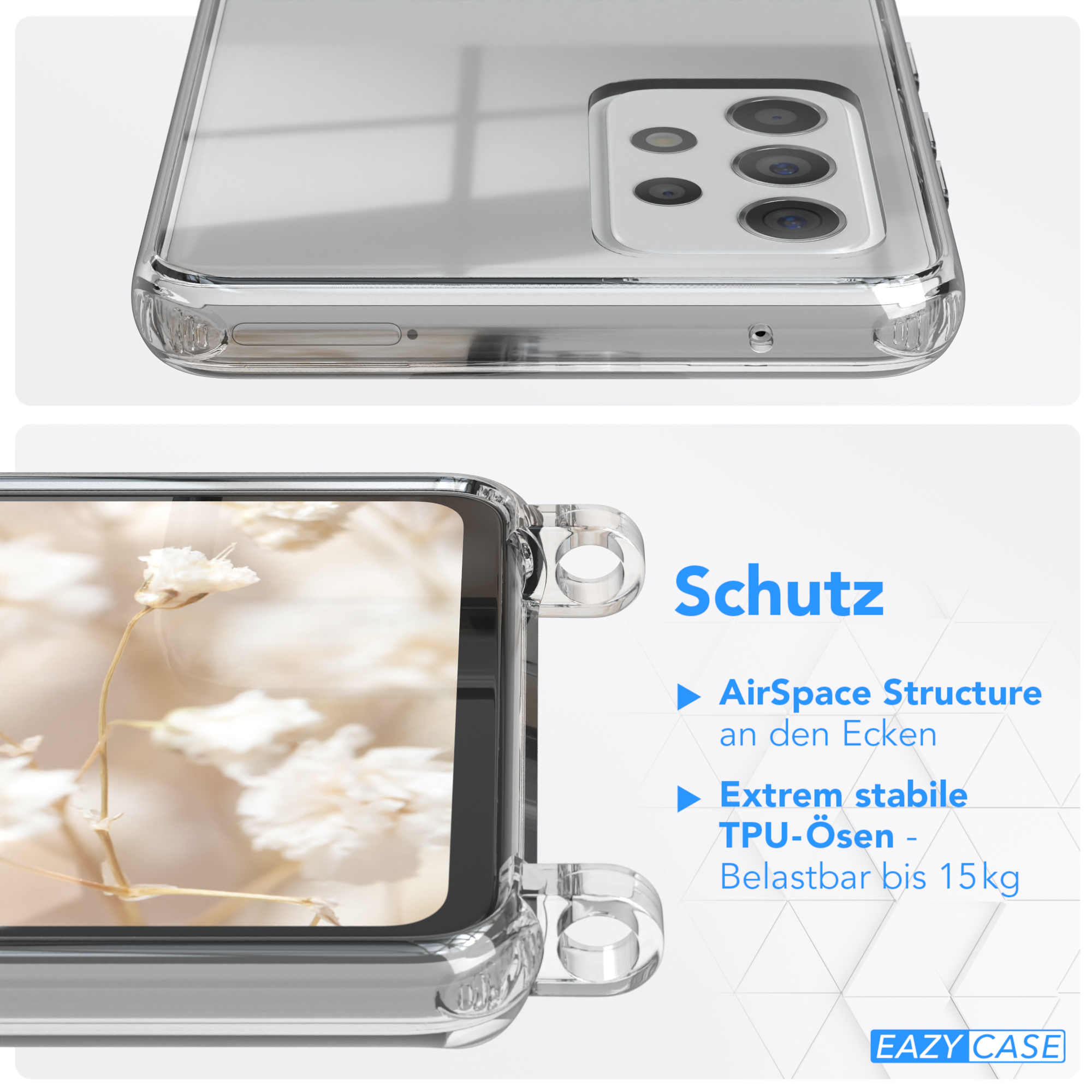 Nahaufnahme einer durchsichtigen Handyhülle. Text: Schutz, AirSpace Structure, Extrem stabile TPU-Ösen.