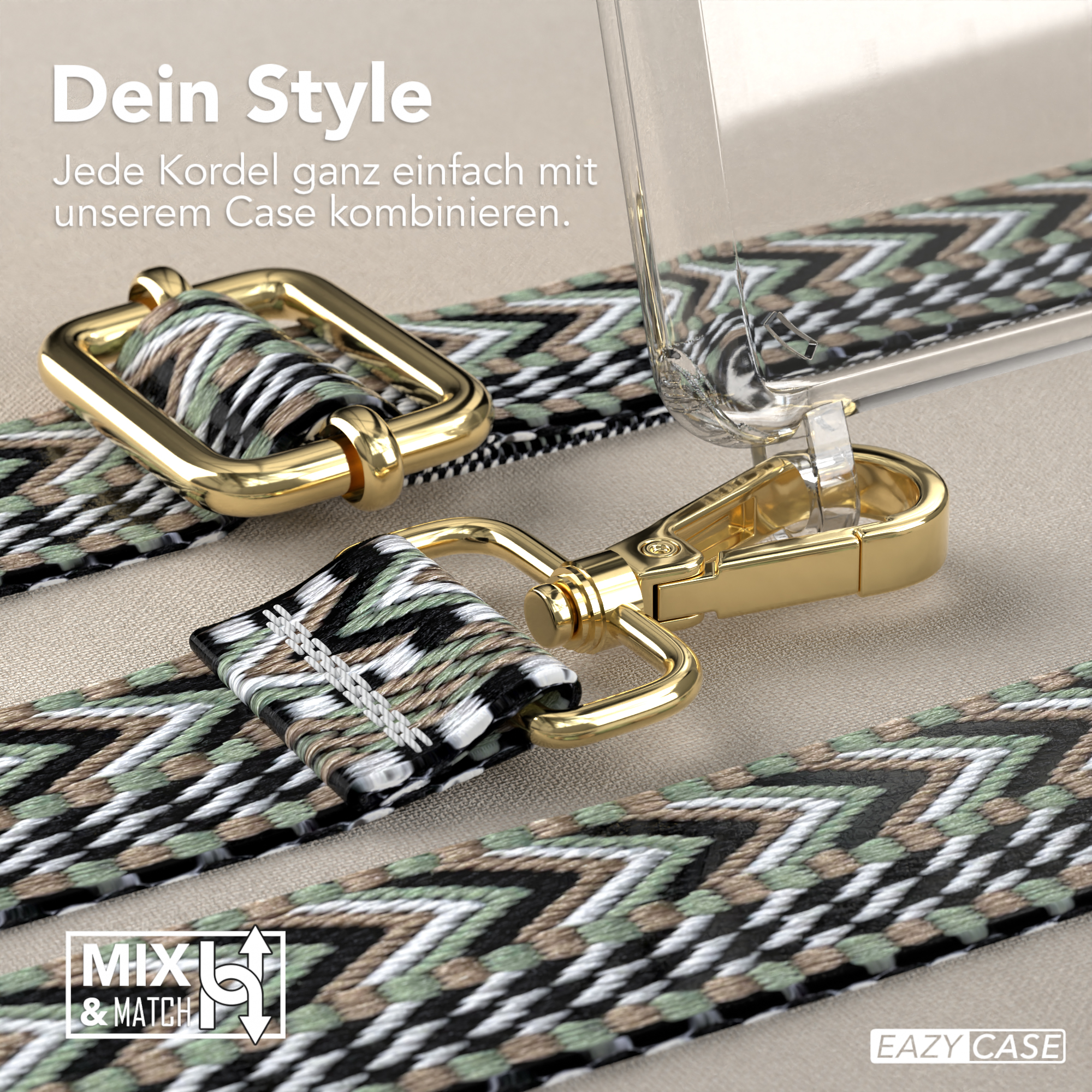 Nahaufnahme eines Telefonriemens mit goldener Hardware und einer transparenten Handyhülle, Mix & Match.