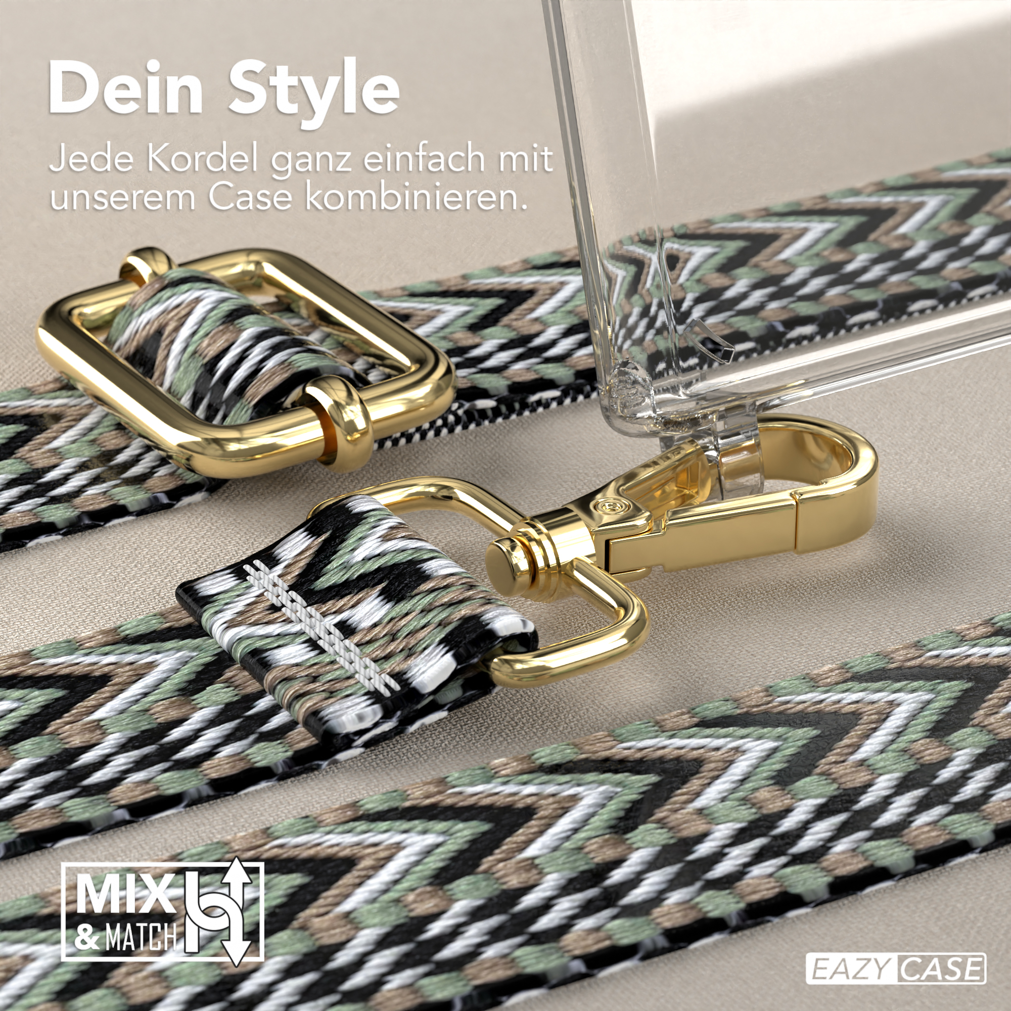 Handyhülle mit Riemendetails. Zeigt Riemen- und Gehäuseverbindung mit Goldverschluss.