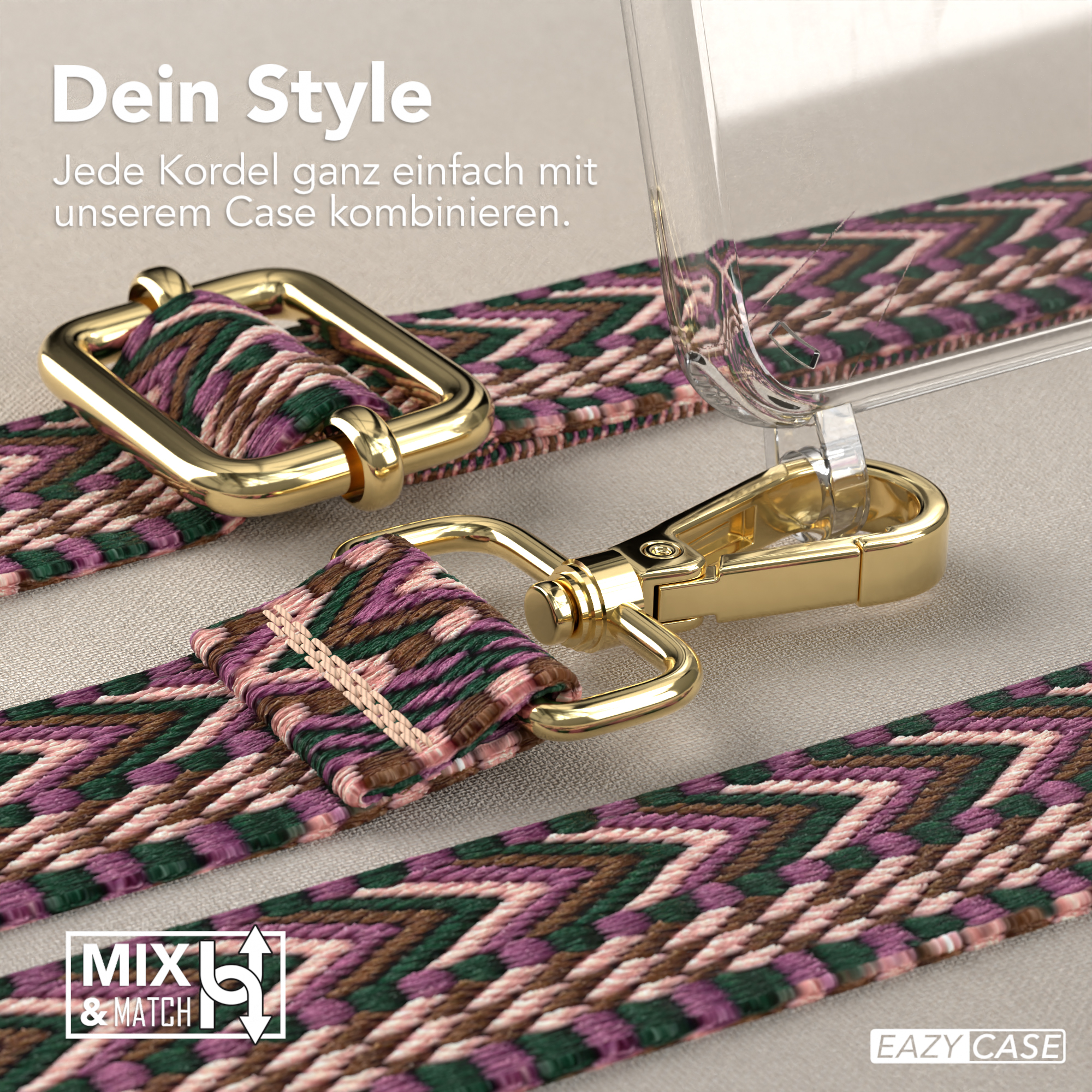 Telefongurtdetails. Die Gurte haben mehrere Farben und goldene Haken.