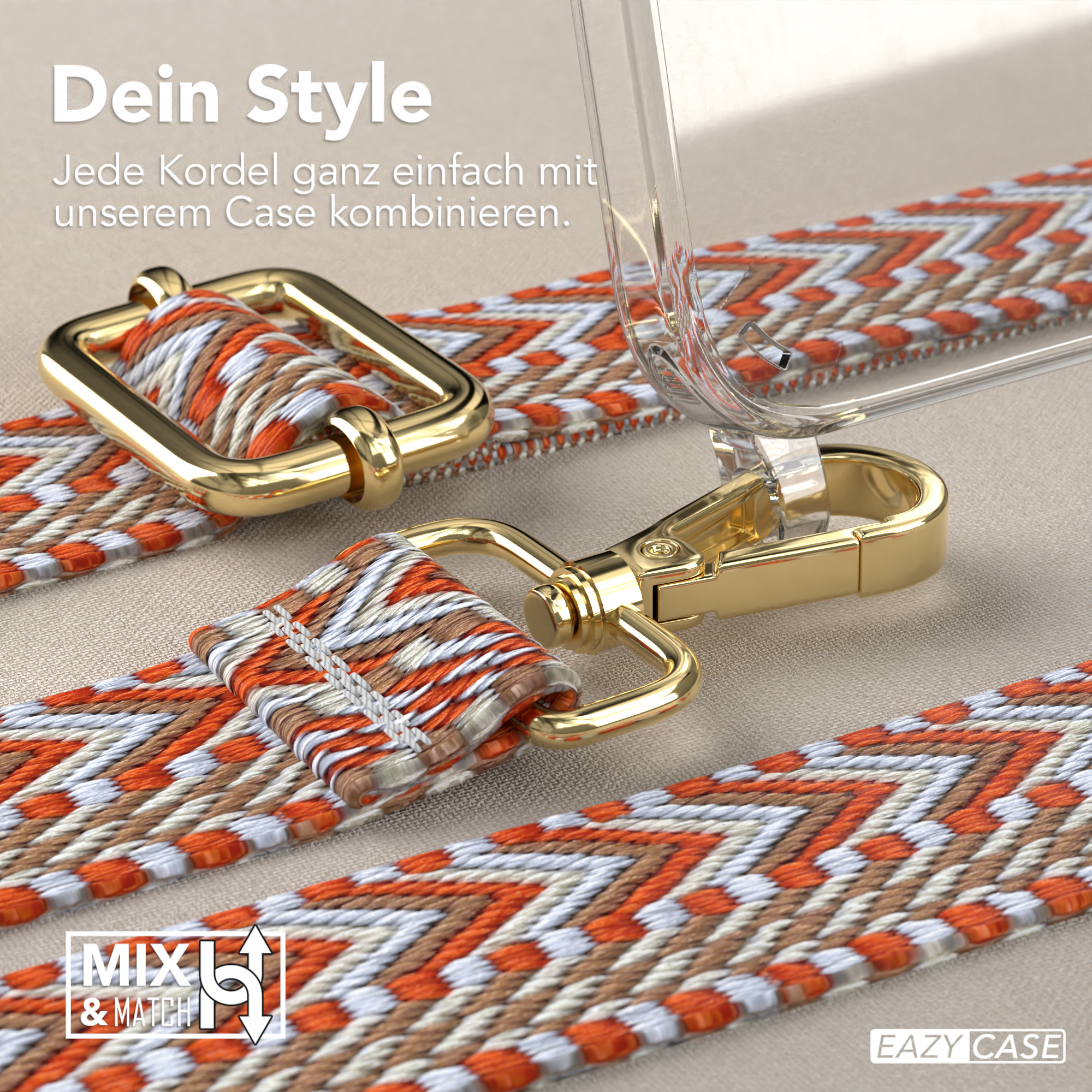 Nahaufnahme einer Handyhülle und Trägern mit einem orange-braunen Muster.