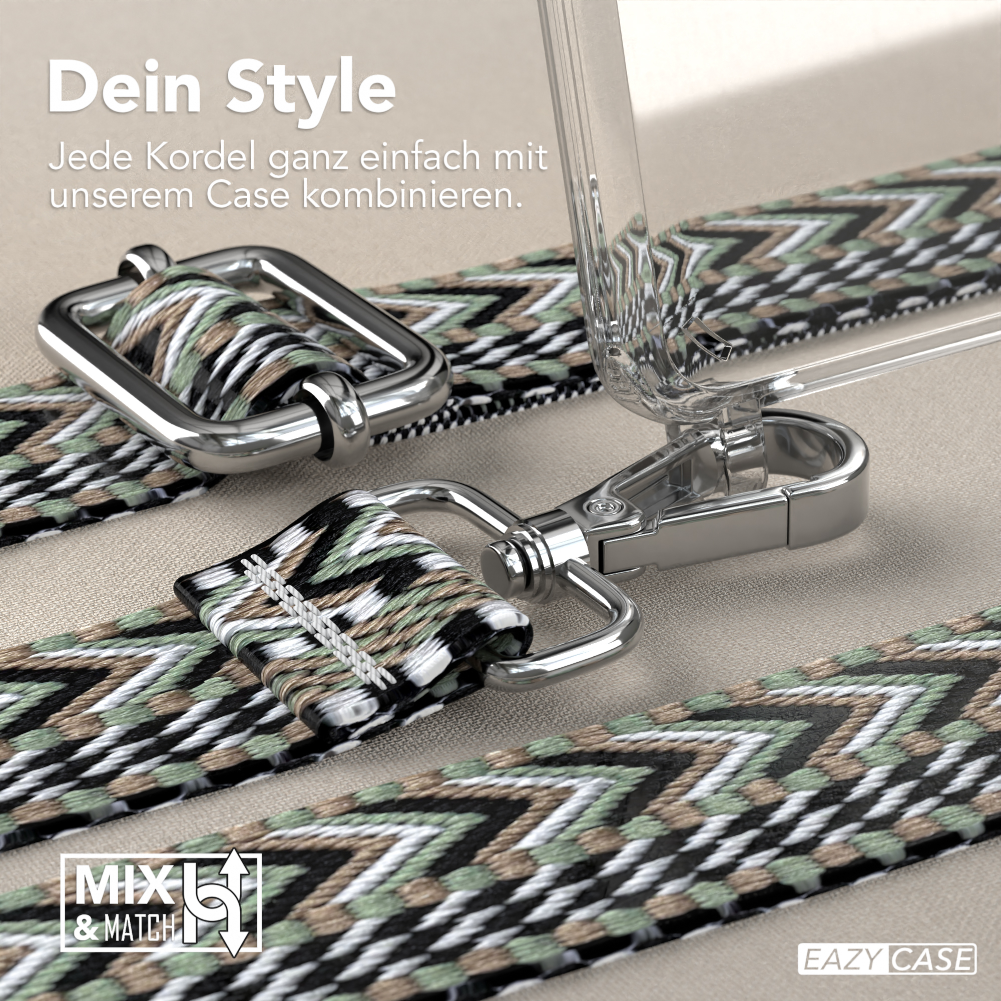 Nahaufnahme eines Handyhüllenriemens mit grünem, weißem und braunem Webmuster und silberner Hardware.