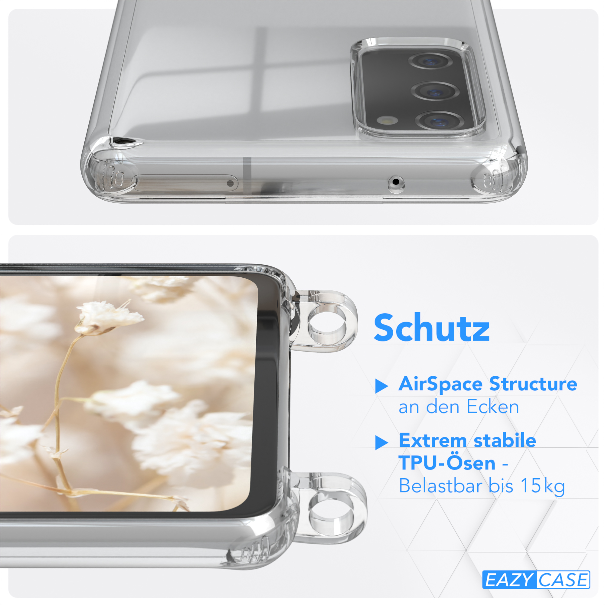 Eine transparente Handyhülle wird gezeigt. Text zeigt 'Schutz', 'AirSpace Structure' und 'TPU-ösen'.