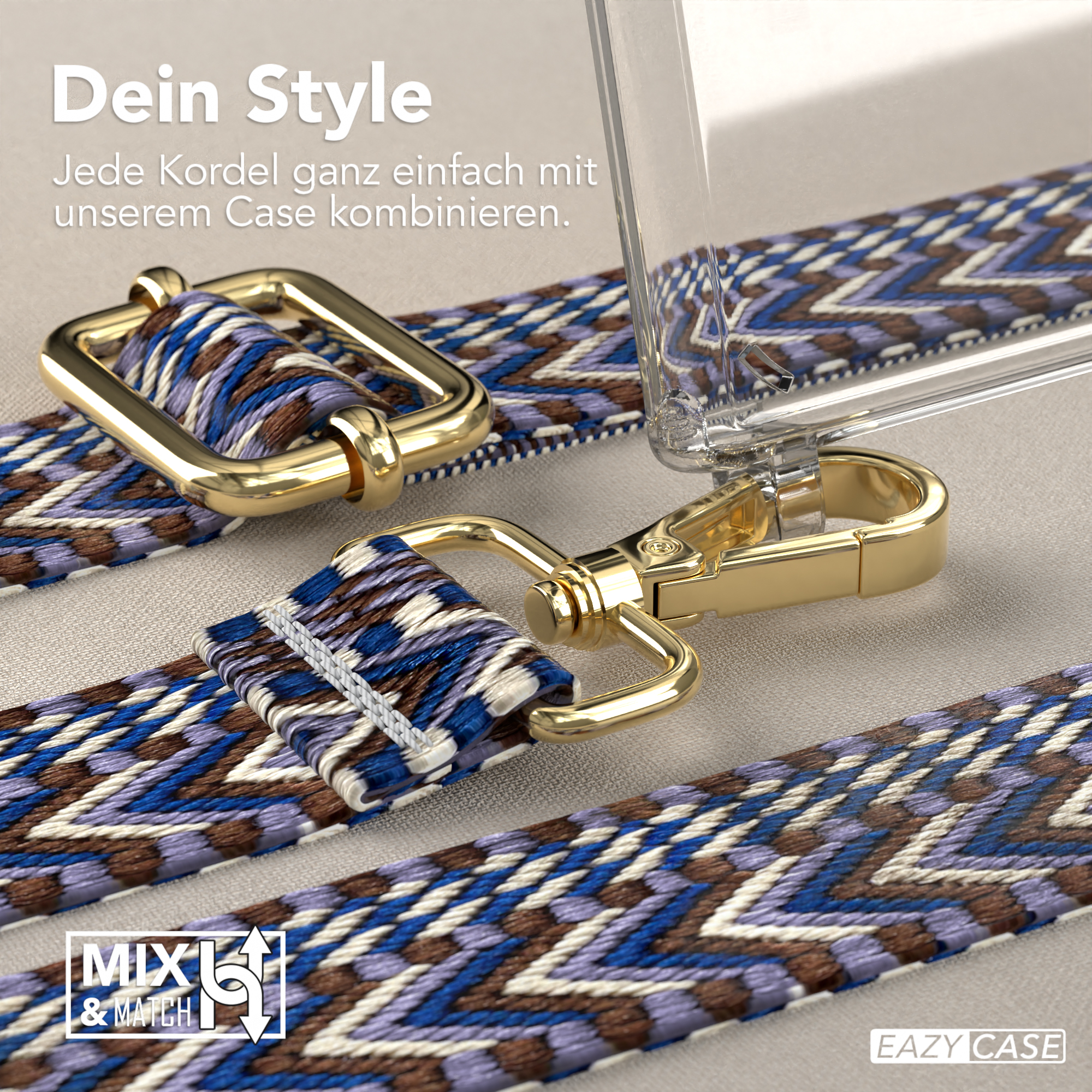 Handyhüllen-Trageriemen mit goldenen Verschlüssen und bunten gemusterten Riemen.