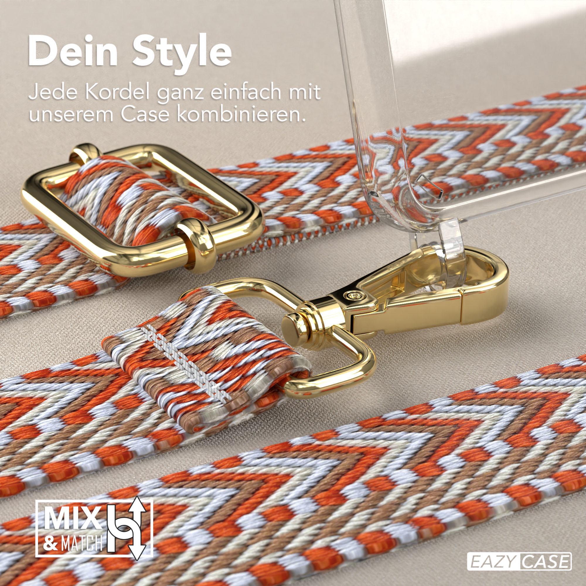 Nahaufnahme eines Telefonriemens mit goldener Hardware und einem gemusterten orange-braunen Design.