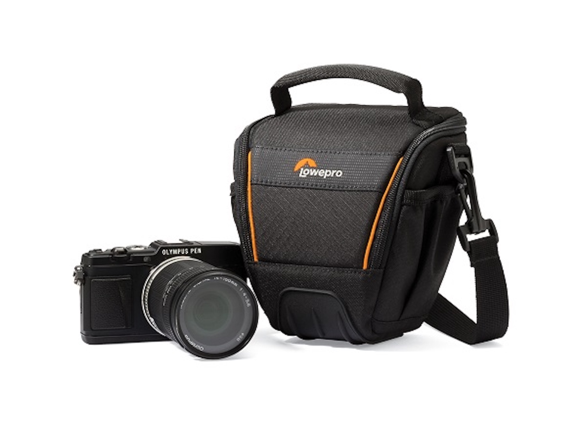 Schwarze Kamera und eine Lowepro-Tasche mit einem orangen Streifen.