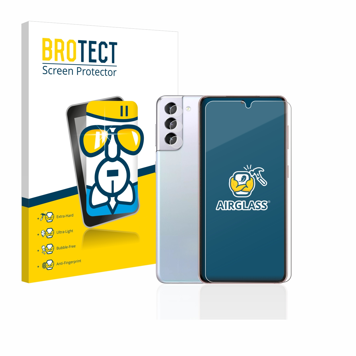 Telefon mit Displayschutz und Box. Das Telefon ist silberfarben, die Box ist weiß mit blau-gelben Grafiken.