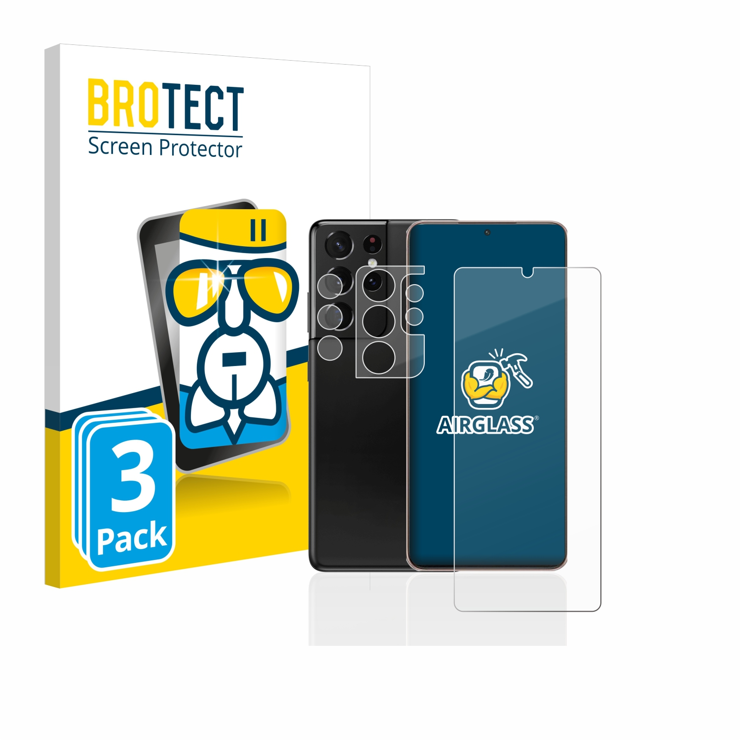 Ein Telefon und eine Displayschutzbox. Das Telefon ist schwarz, der Displayschutz ist klar.
