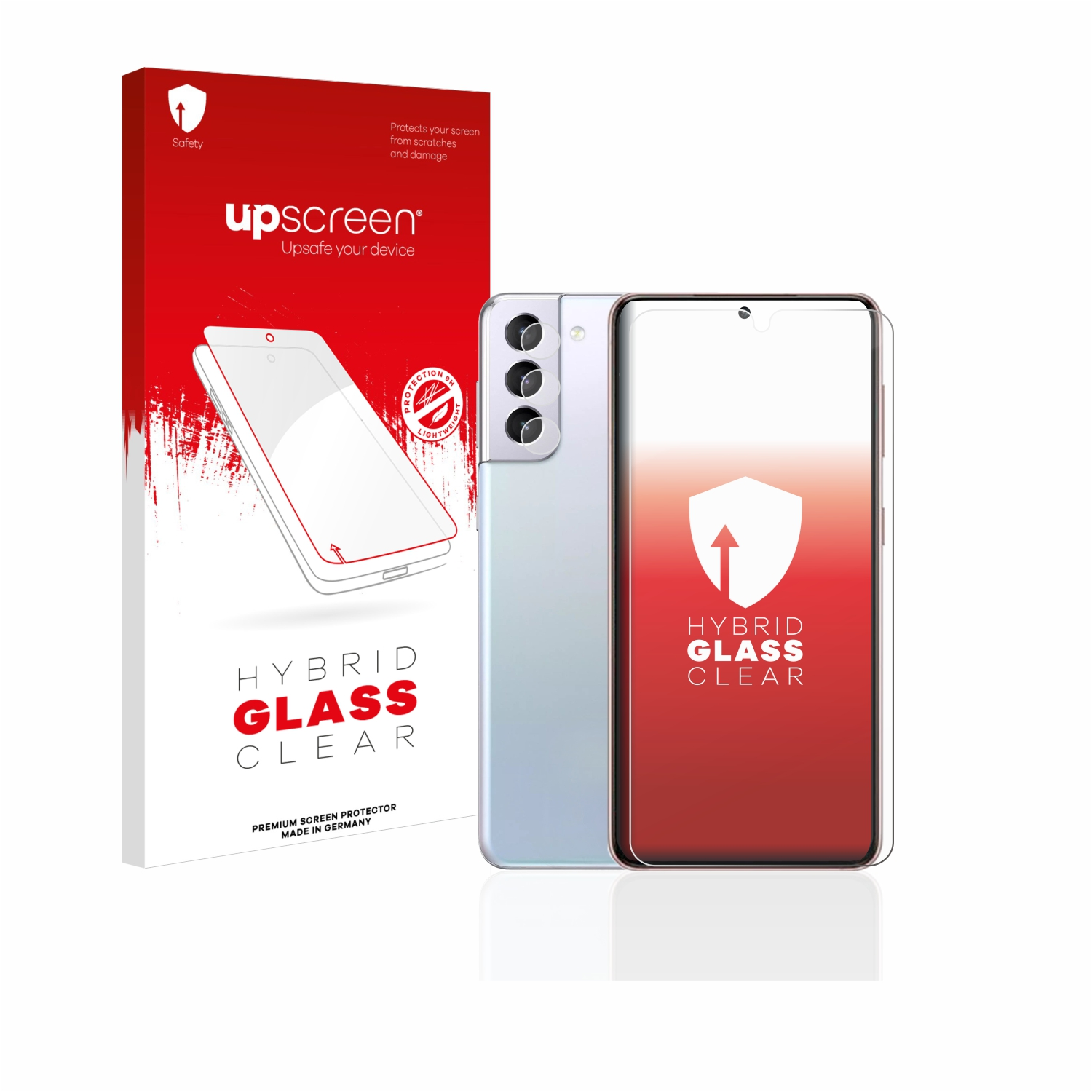 Ein Telefon, Displayschutzfolie und Verpackung. Weiße und rote Verpackung mit Text. Das Telefon ist silber.
