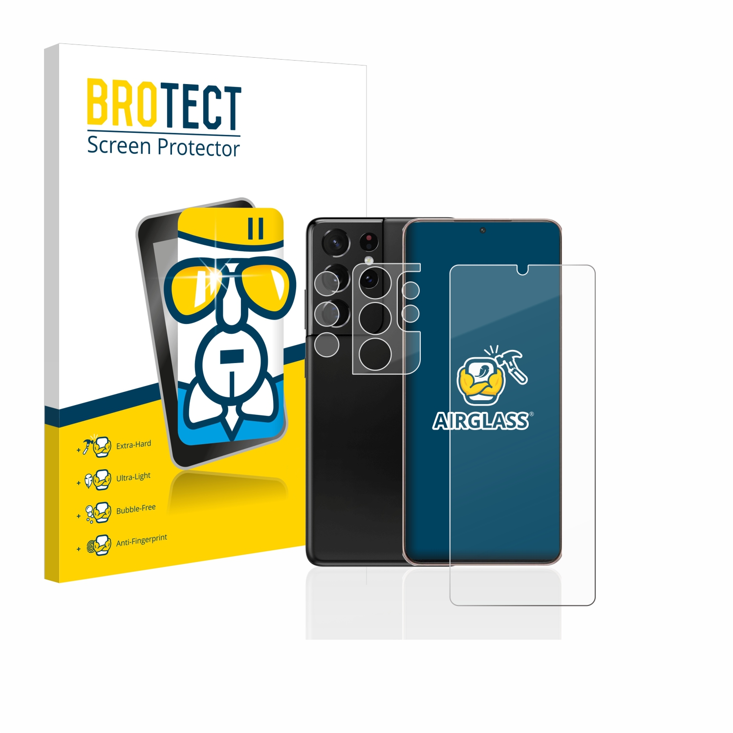 Ein Telefon, eine Displayschutzfolie und eine Verpackung liegen auf einer weißen Oberfläche. Das Telefon ist schwarz.