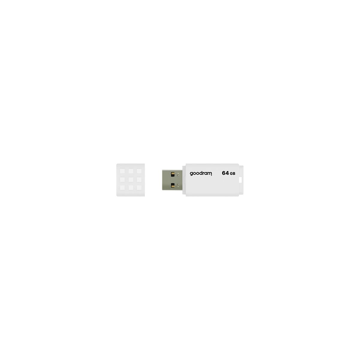 White USB flash drive with 64 GB capacity and a detached cap on a white background.