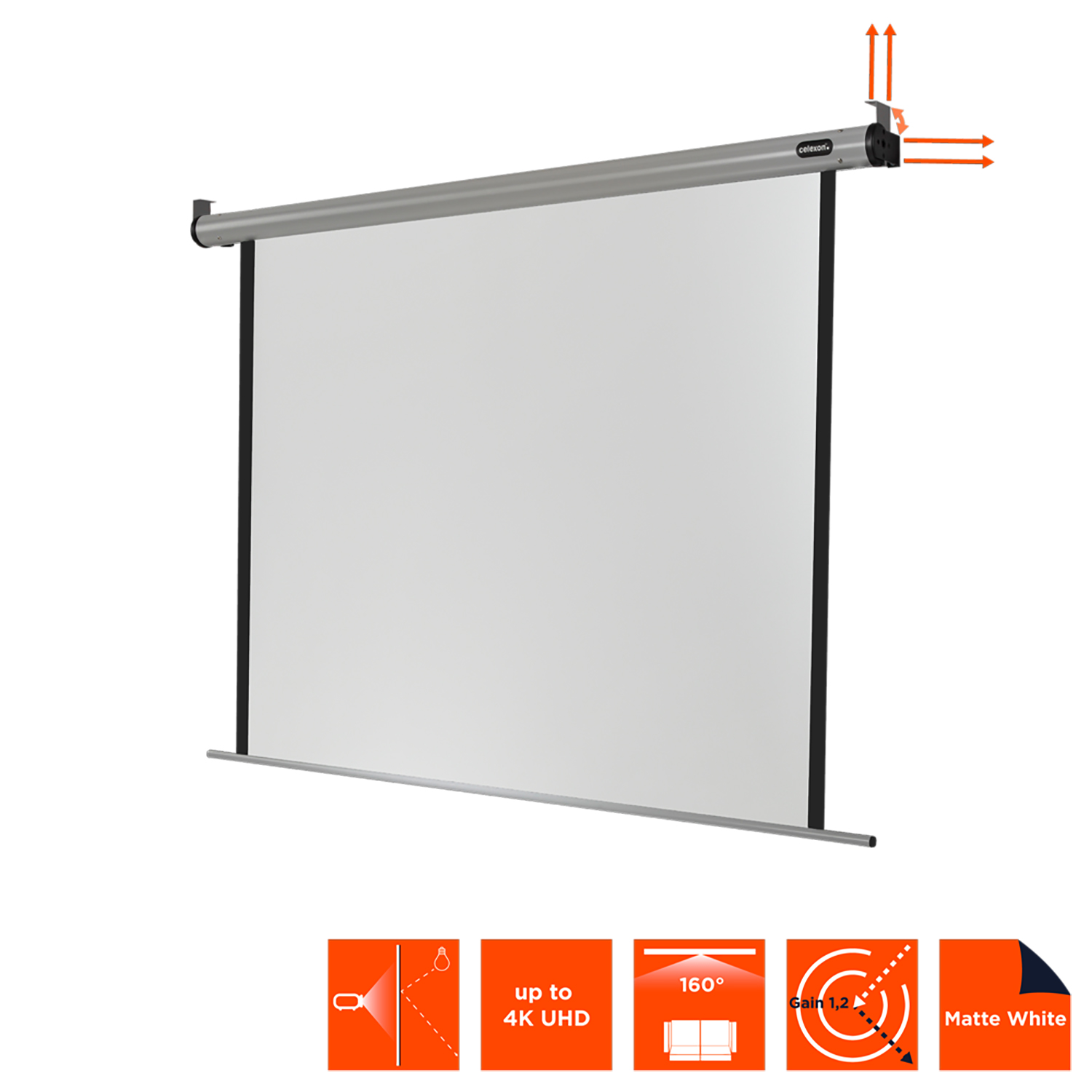 Eine weiße Projektorleinwand wird mit Symbolen unten und Pfeilen oben gezeigt.