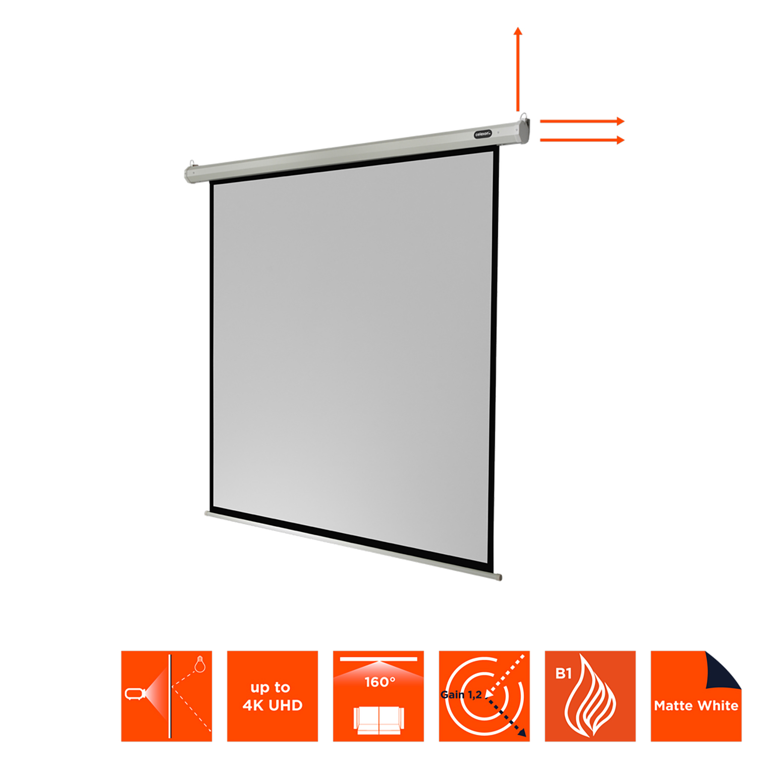 Projektorleinwand mit Pfeilen und Symbolen für 4K, 160°, Gain 1.2, B1 Feuer und mattweiß.