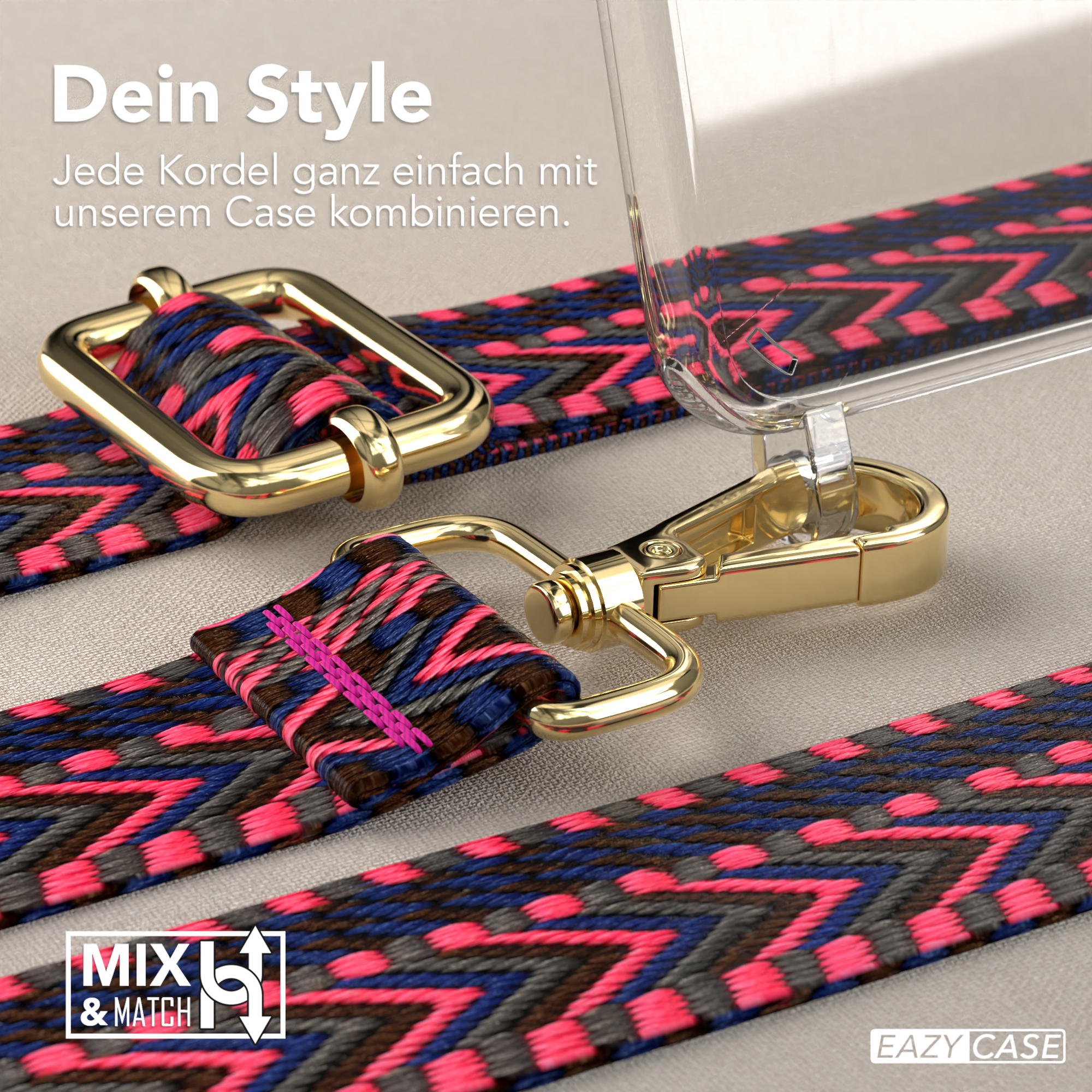 Handyhülle mit buntem Gurt, goldene Hardware. Hintergrund: saubere Oberfläche. Text: Dein Style, MXL & MATCH, EAZY CASE.