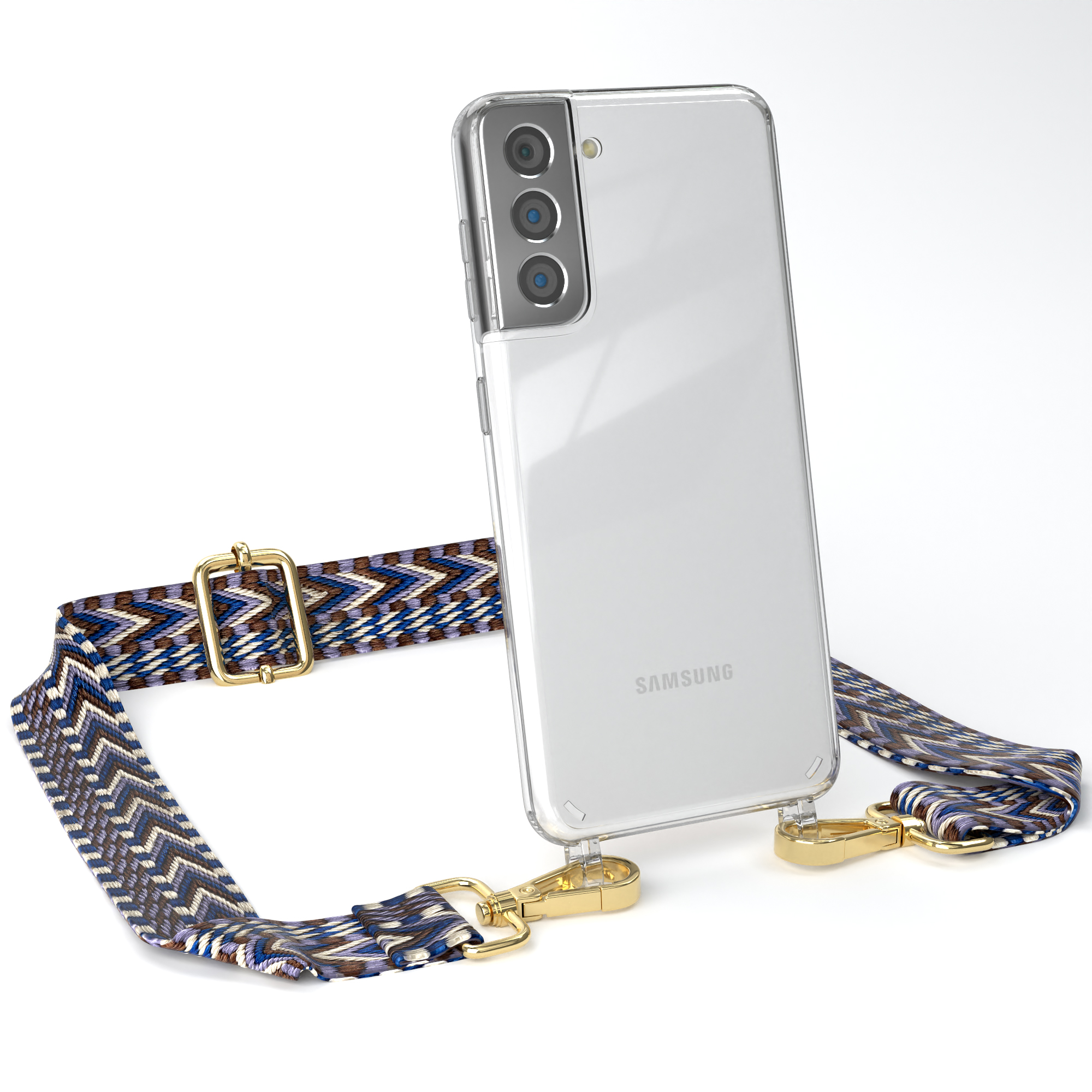 EAZY CASE Transparente / Boho Handyhülle Blau 5G, Galaxy Style, Kordel S21 Samsung, Umhängetasche, mit Weiß