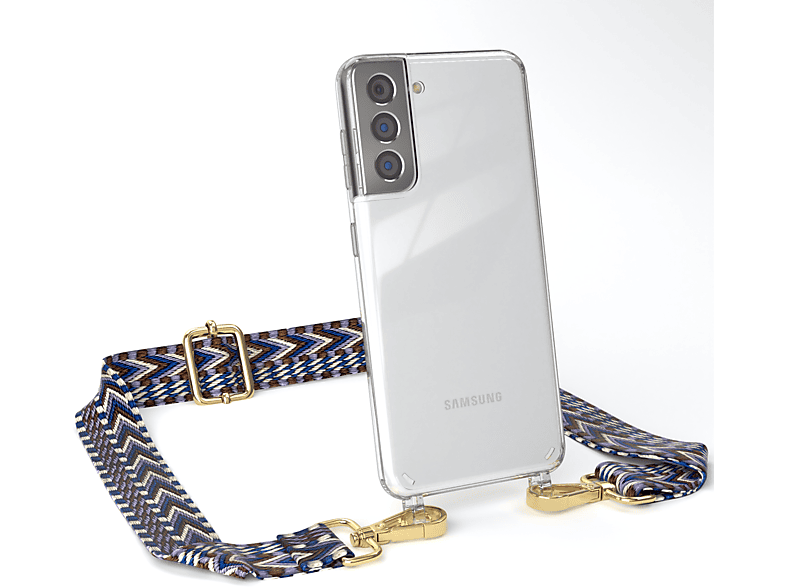 S21 Umhängetasche, Galaxy Style, CASE EAZY Handyhülle Blau Kordel Samsung, mit Boho Weiß Transparente / 5G,