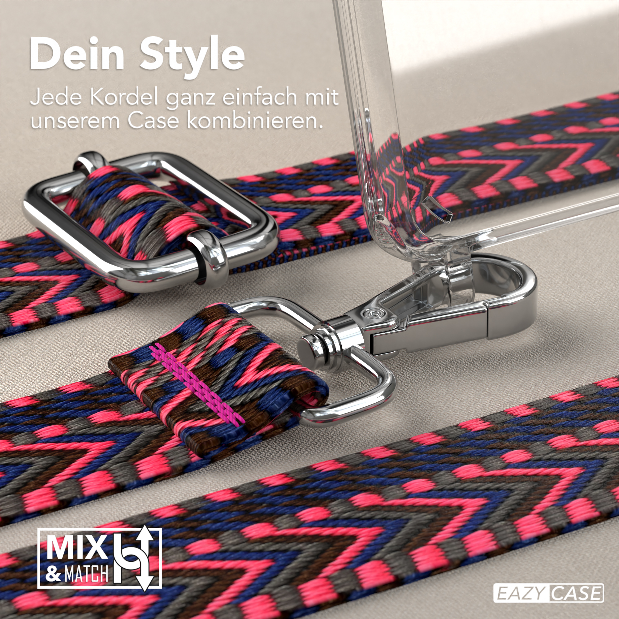Nahaufnahme eines Handyhüllenriemens und des Riemens selbst. Der Text lautet: Dein Style.