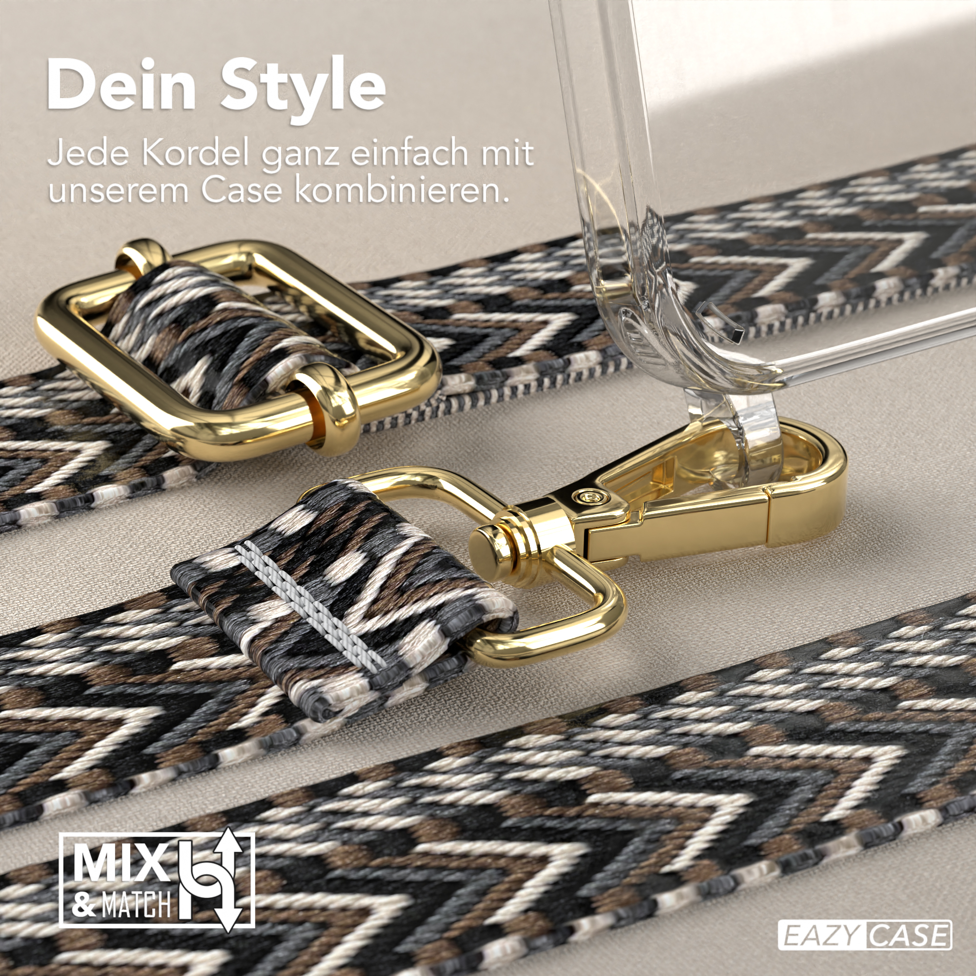 Nahaufnahme einer Handyhülle mit Riemen. Goldene Hardware und gemusterter Riemen sind sichtbar.