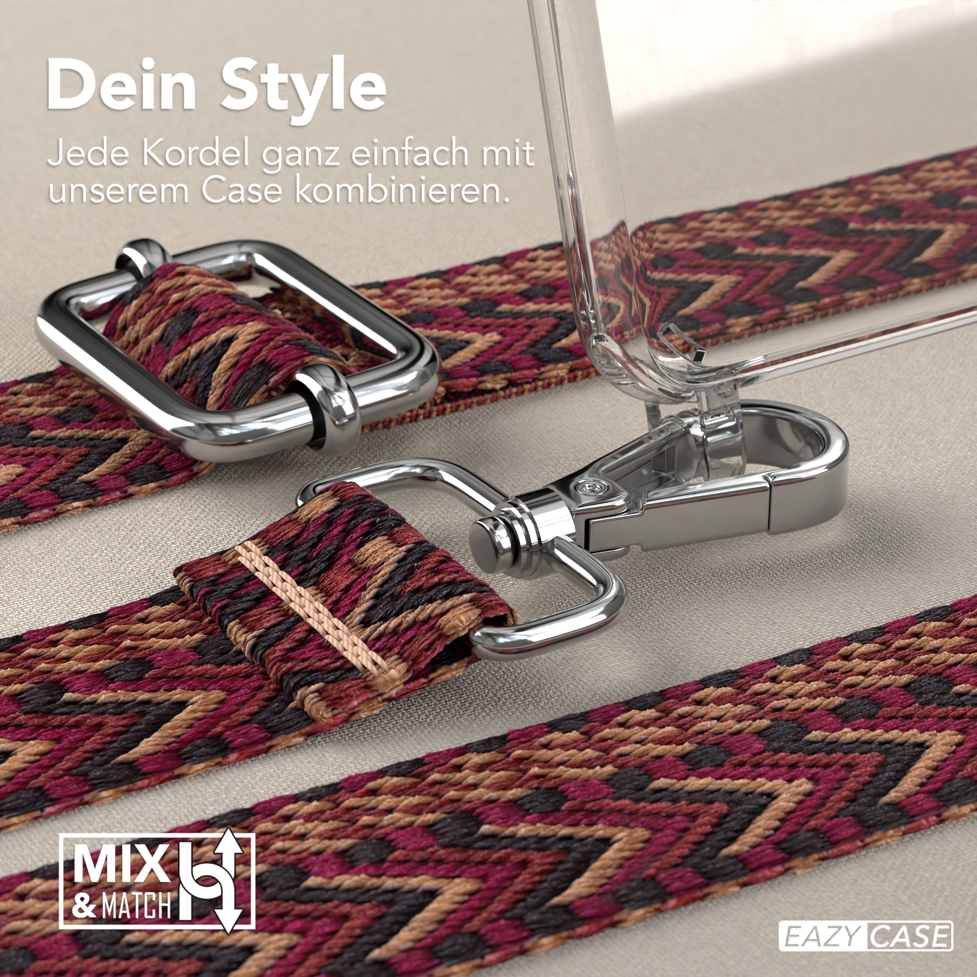 Transparente Handyhülle mit Riemen. Riemen hat weinrotes, schwarzes und braunes Webmuster, goldener Verschluss.