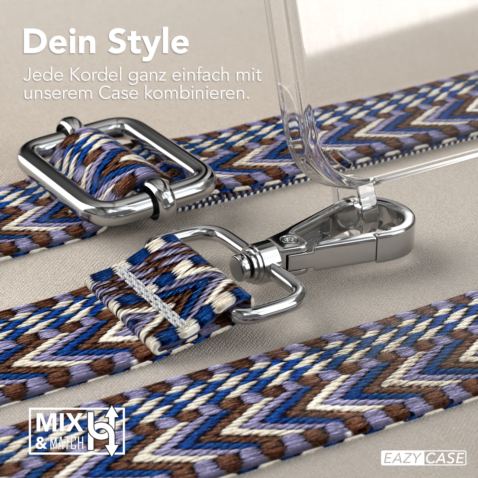 Nahaufnahme von Telefonriemen mit Metallverschlüssen. Blau, braun und weiß gemusterte Riemen sind sichtbar.