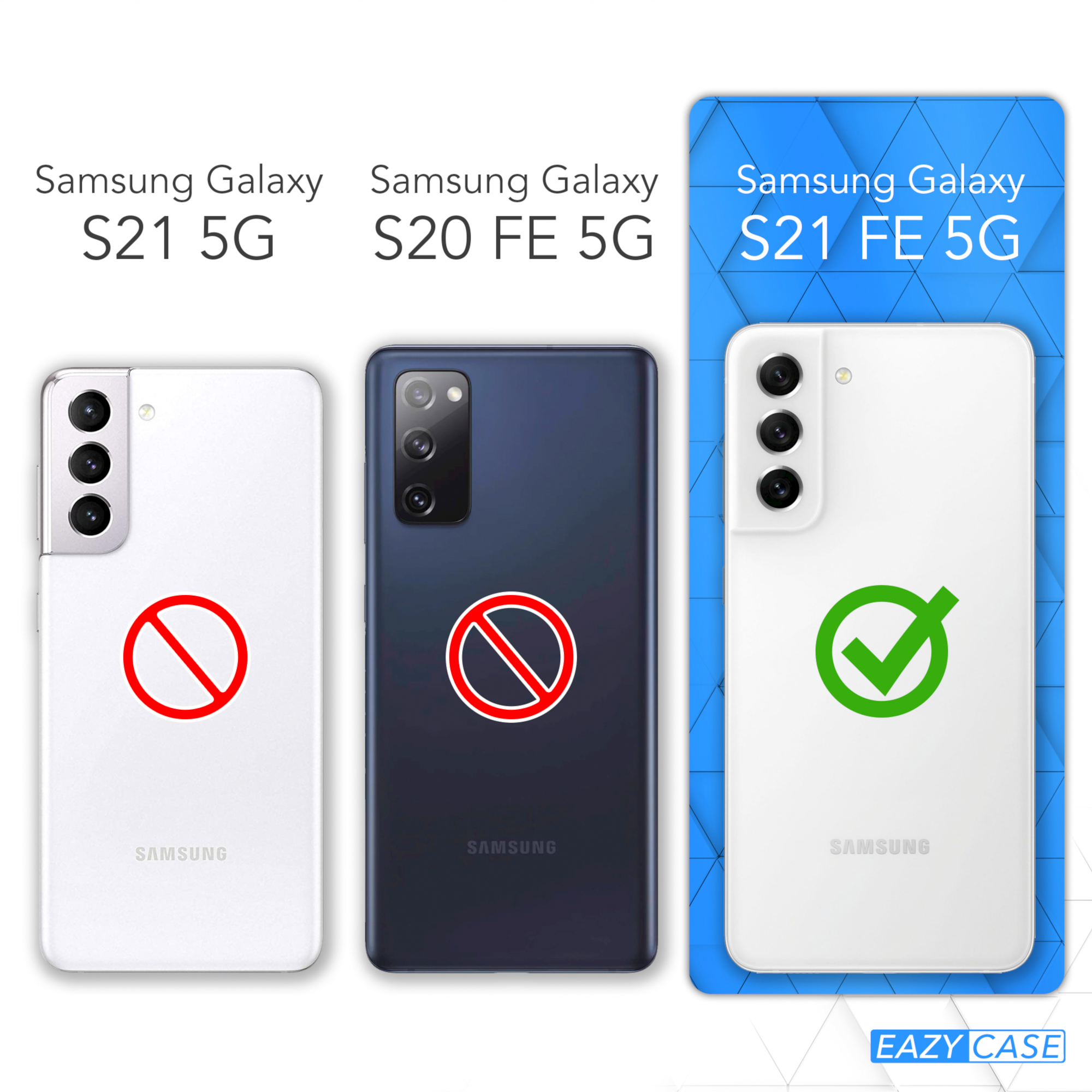 Drei Telefone. Zwei rote Kreuze, eins grünes Häkchen. Samsung S21 Modelle.