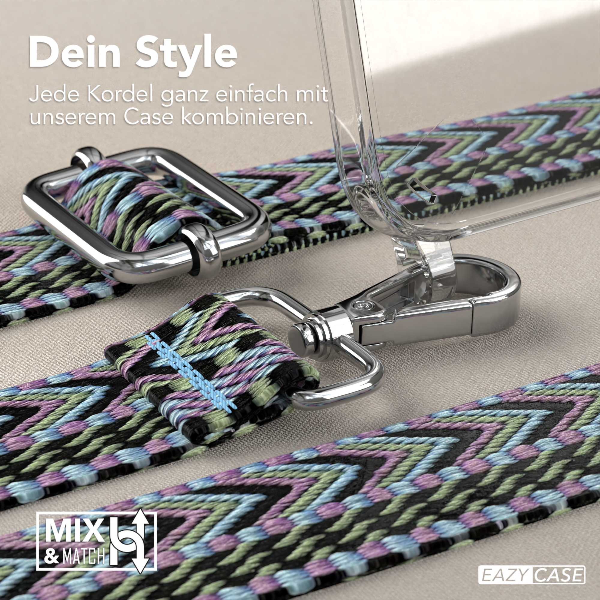 Nahaufnahme von Handyhülle und Riemen. Der Riemen hat ein farbenfrohes Muster. Text: Dein Style.