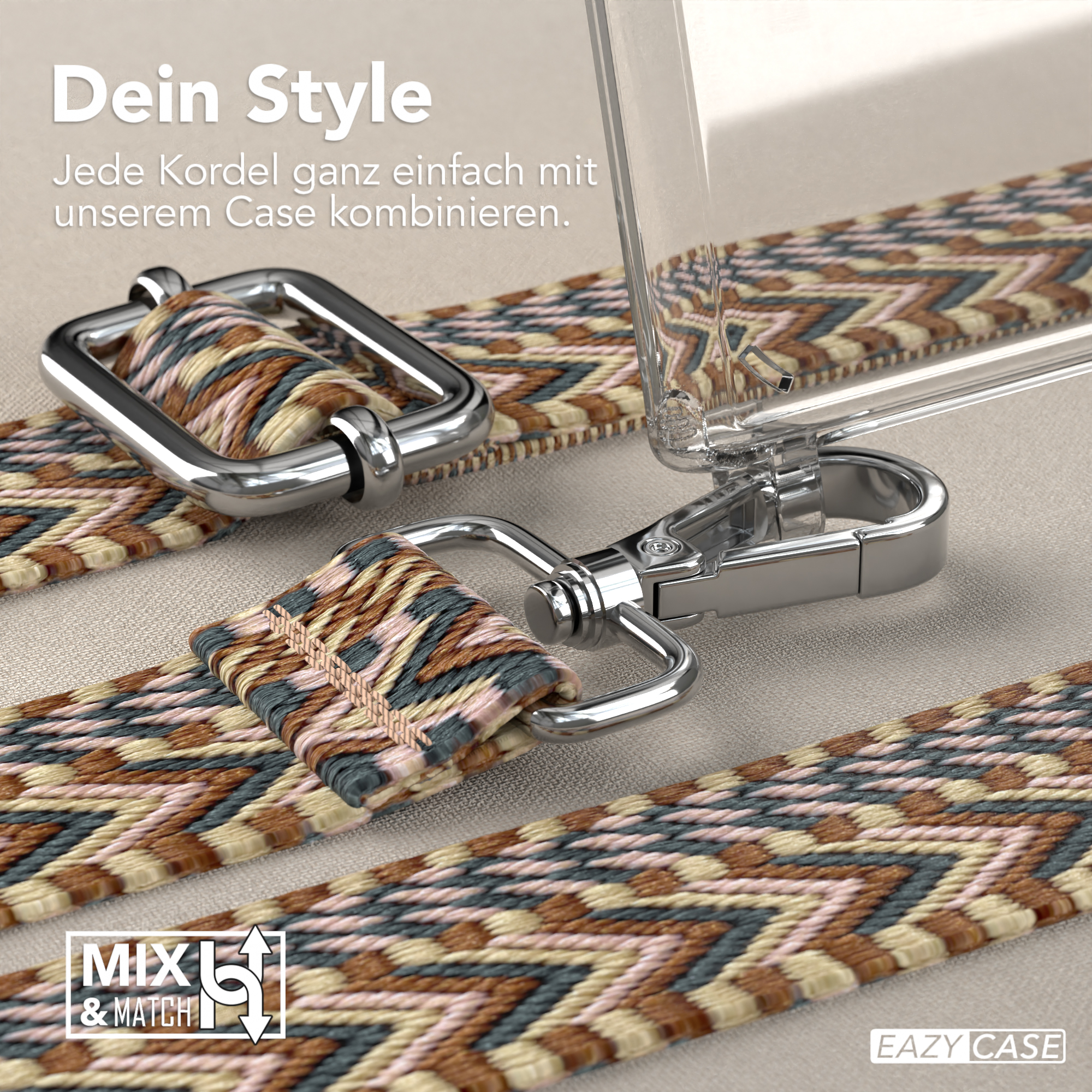 Nahaufnahme von Handyhüllen-Zubehör: Riemen, Metallverschlüsse und eine Handyhülle.