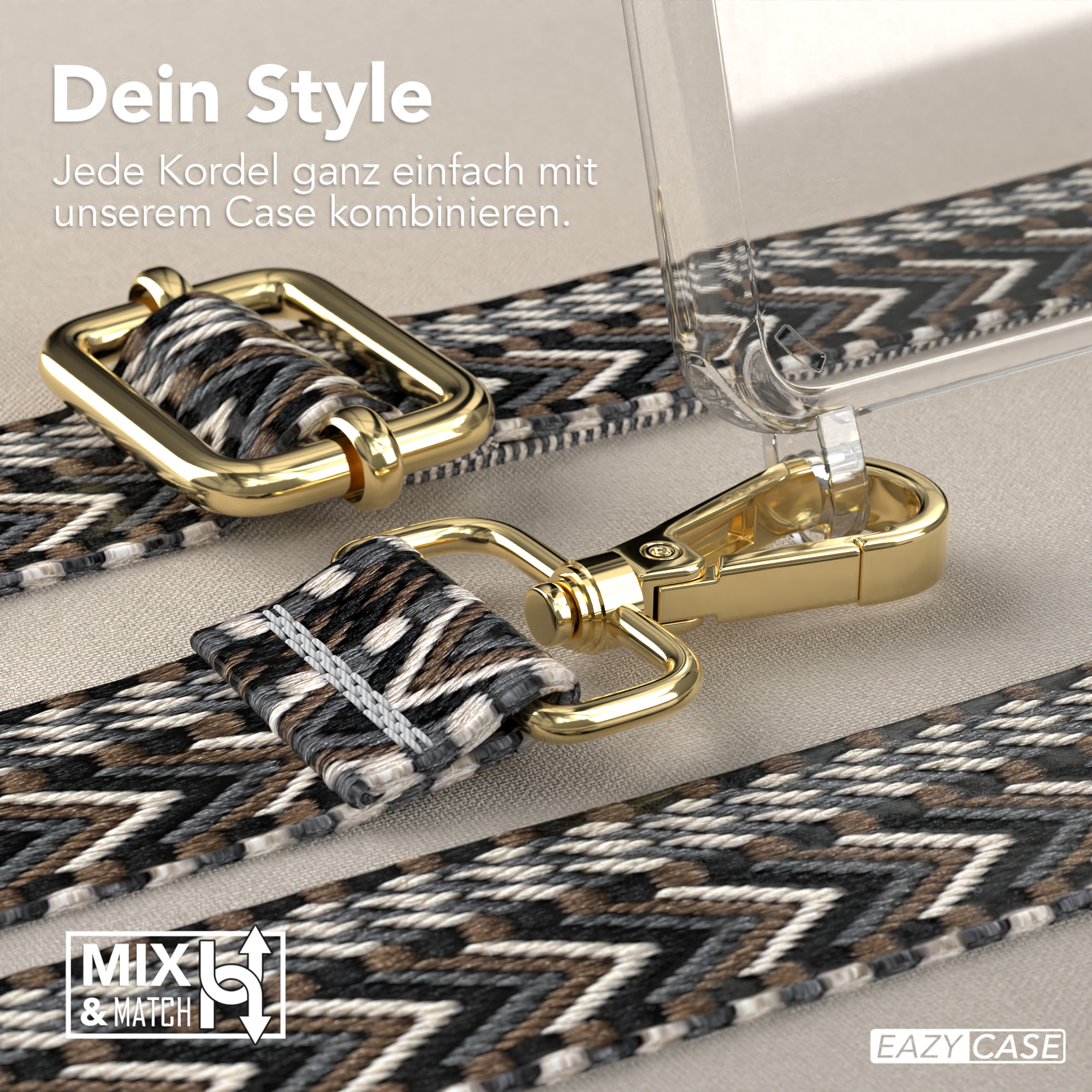 Nahaufnahme von Telefonriemen und Hülle, mit goldener Hardware und gemustertem Riemen.