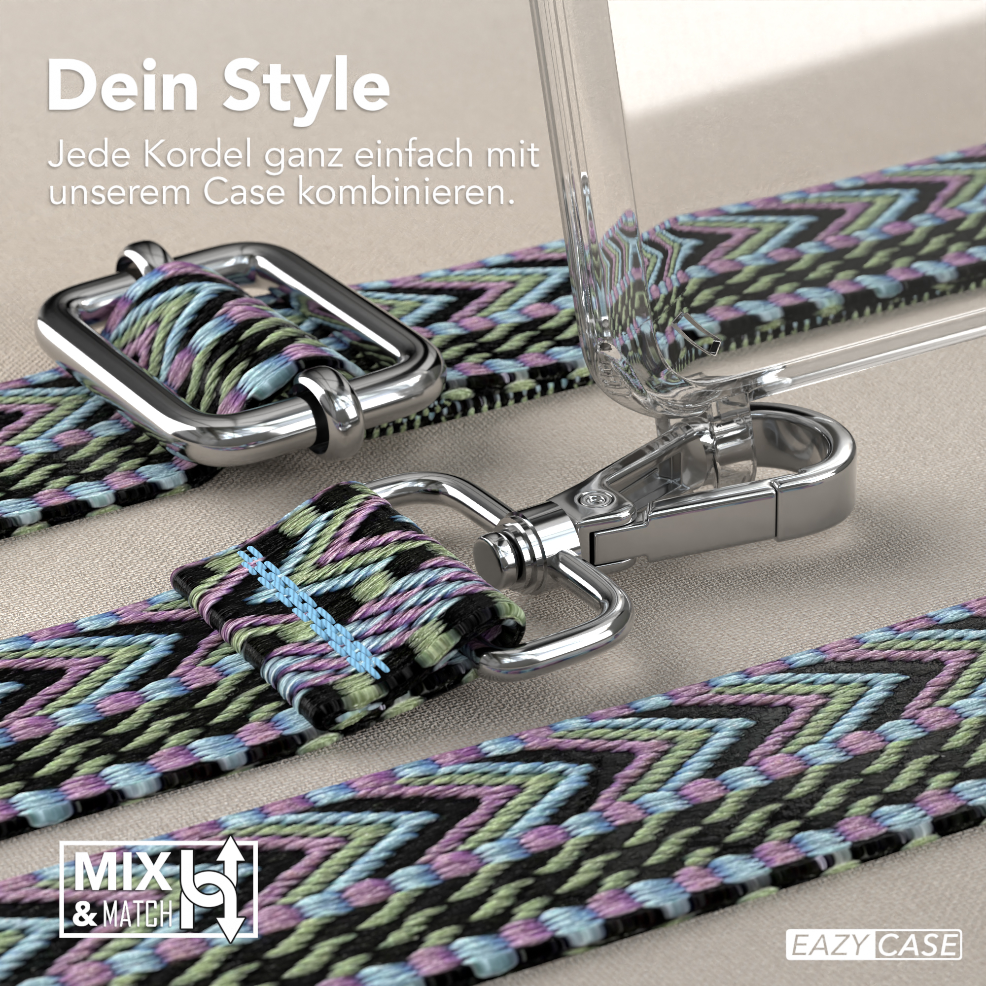 Nahaufnahme eines Gurtes mit silberner Hardware und Handyhülle. Grünes, blaues, schwarzes und violettes Webmuster.