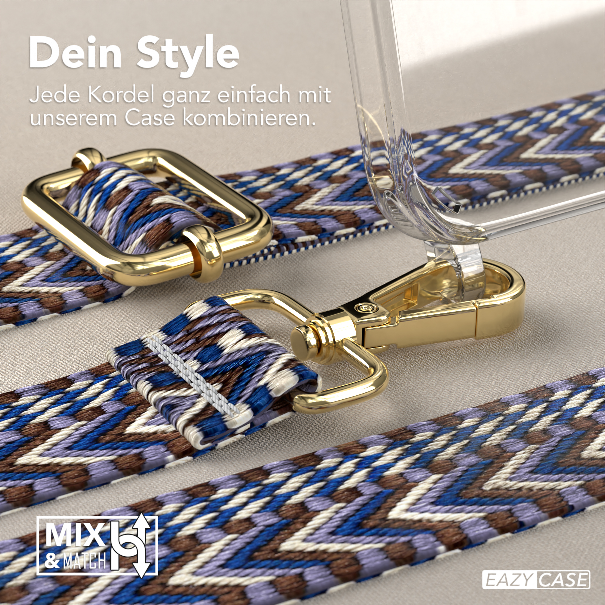 Nahaufnahme von Telefonriemen und einer Hülle. Metallverschlüsse und blaues, lila und goldfarbenes Design.