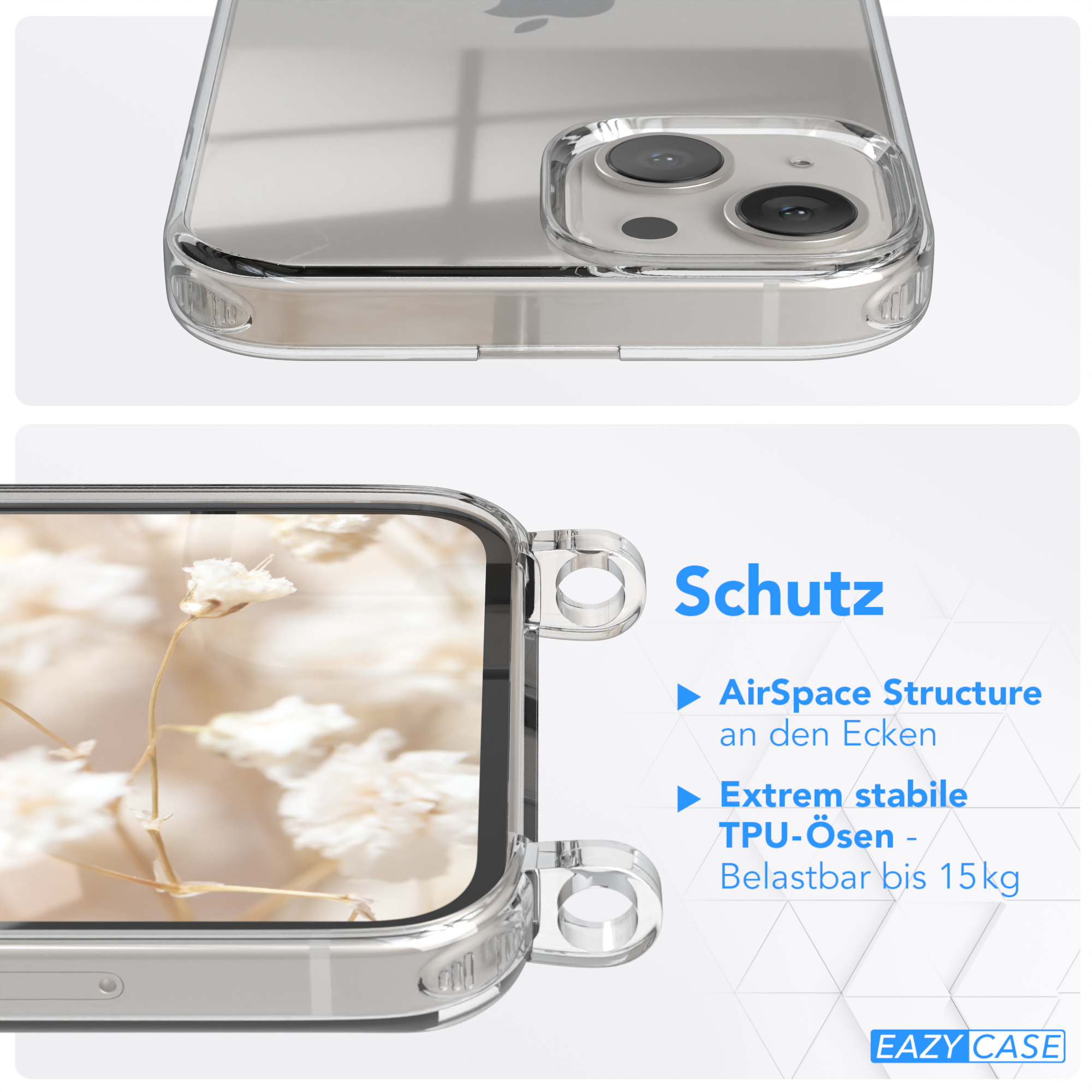 CASE Apple, mit Kordel 13, Grau / EAZY Schwarz Umhängetasche, Transparente Style, Boho Handyhülle iPhone