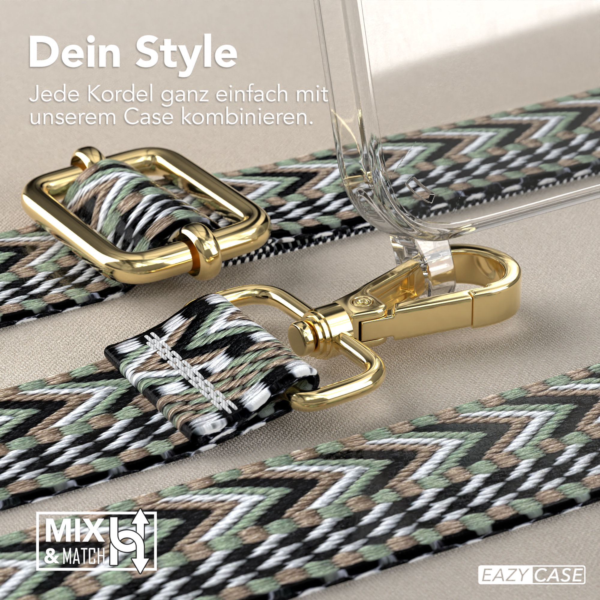 Handyhülle mit Gurt, zeigt Details der Gurt- und Hüllenverbindung und den Markennamen.