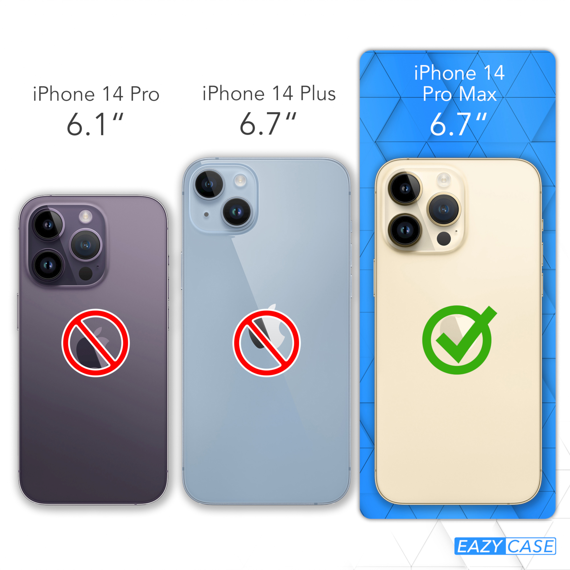 Drei Telefone. iPhone 14 Pro Max ist kompatibel. iPhone 14 Pro und Plus nicht. EAZY CASE Logo.