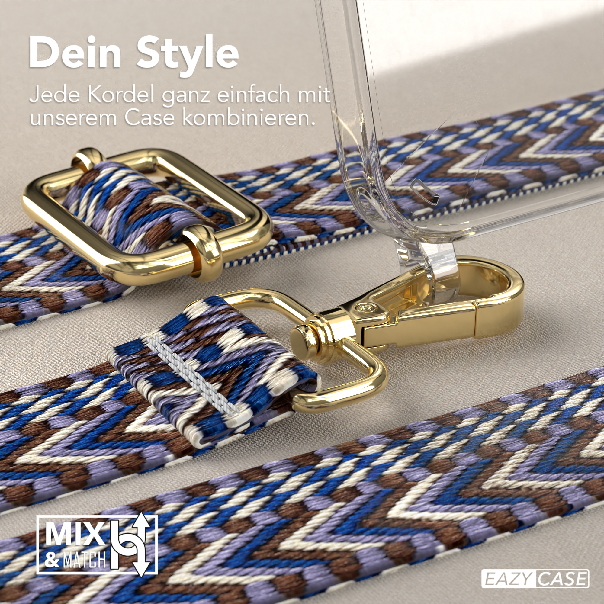 Nahaufnahme einer Handyhülle mit goldenem Verschluss und Stoffriemen mit blauem und violettem Zickzackmuster.