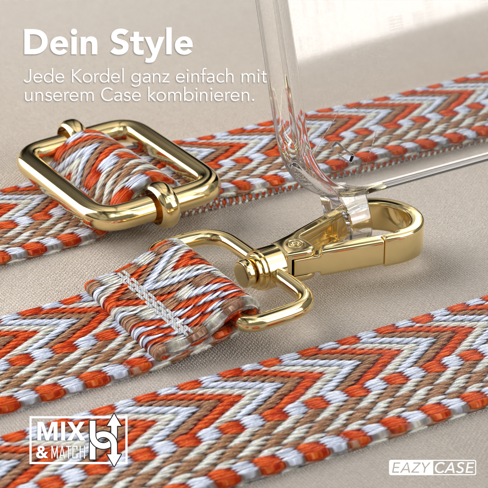 Nahaufnahme eines Handyhüllenriemens mit goldener Hardware und einem orangefarbenen Muster.
