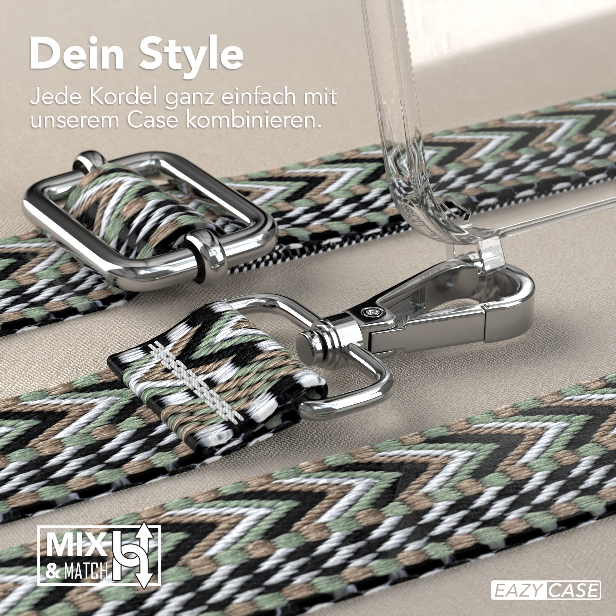 Nahaufnahme von Telefonriemen und Hülle, mit silberner Hardware und gemustertem Riemen.