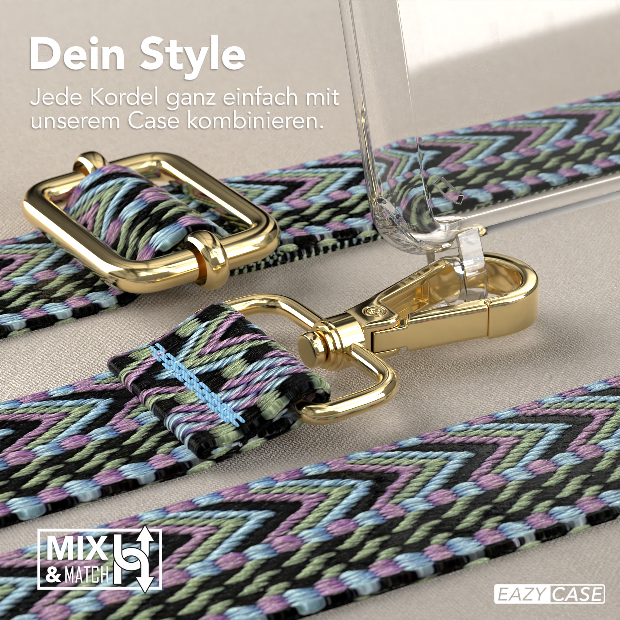 Nahaufnahme des Telefonriemens mit goldener Schließe. Mix & Match Text und Logo.