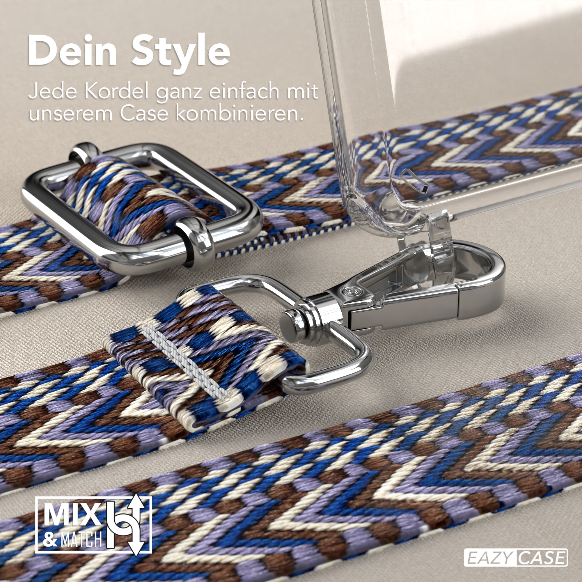 Handyhülle mit Band. Goldener Verschluss und farbenfrohes Band mit geometrischem Muster.