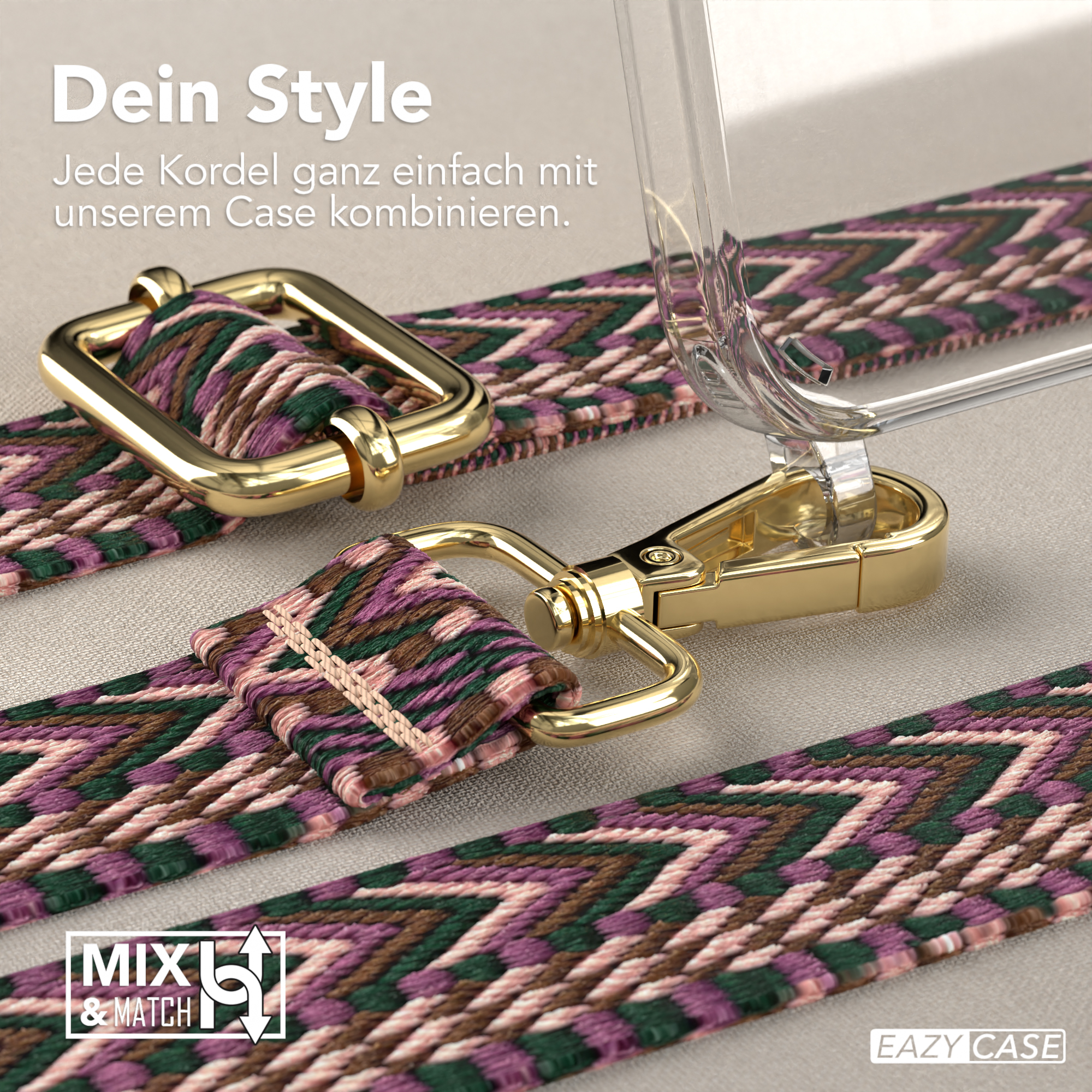 Nahaufnahme eines Riemens mit goldener Hardware und einer durchsichtigen Handyhülle. Text: Dein Style.