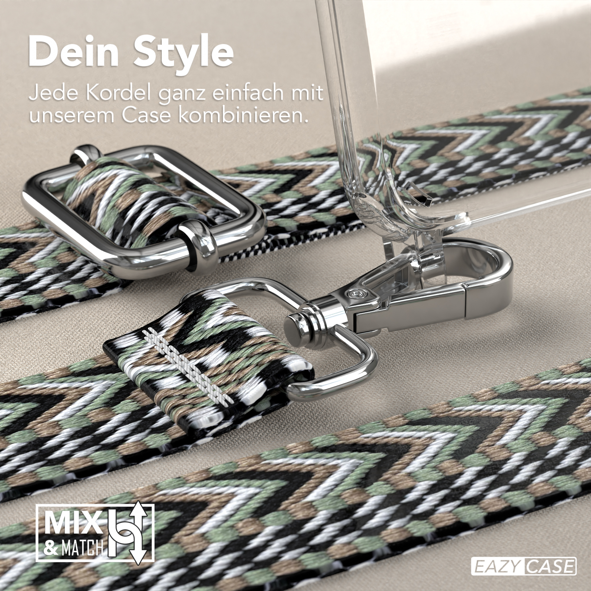 Nahaufnahme eines Telefonriemens mit grünen, weißen und braunen Mustern, mit silberfarbener Hardware.