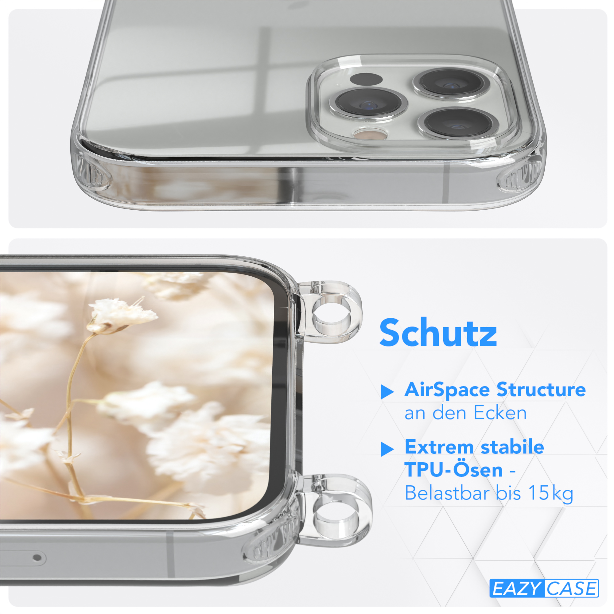 Transparente Handyhülle mit Blumenbild, Text Schutz, AirSpace Struktur und TPU-Ösen. EAZY CASE Logo.