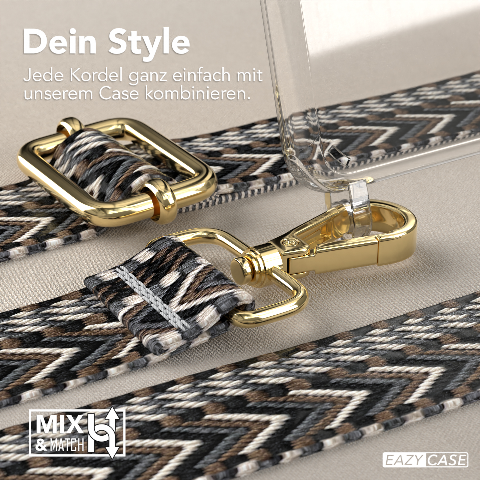 Nahaufnahme von Telefonriemen und einer Schnalle. Der Text lautet 'Mix & Match' und 'Dein Style'.