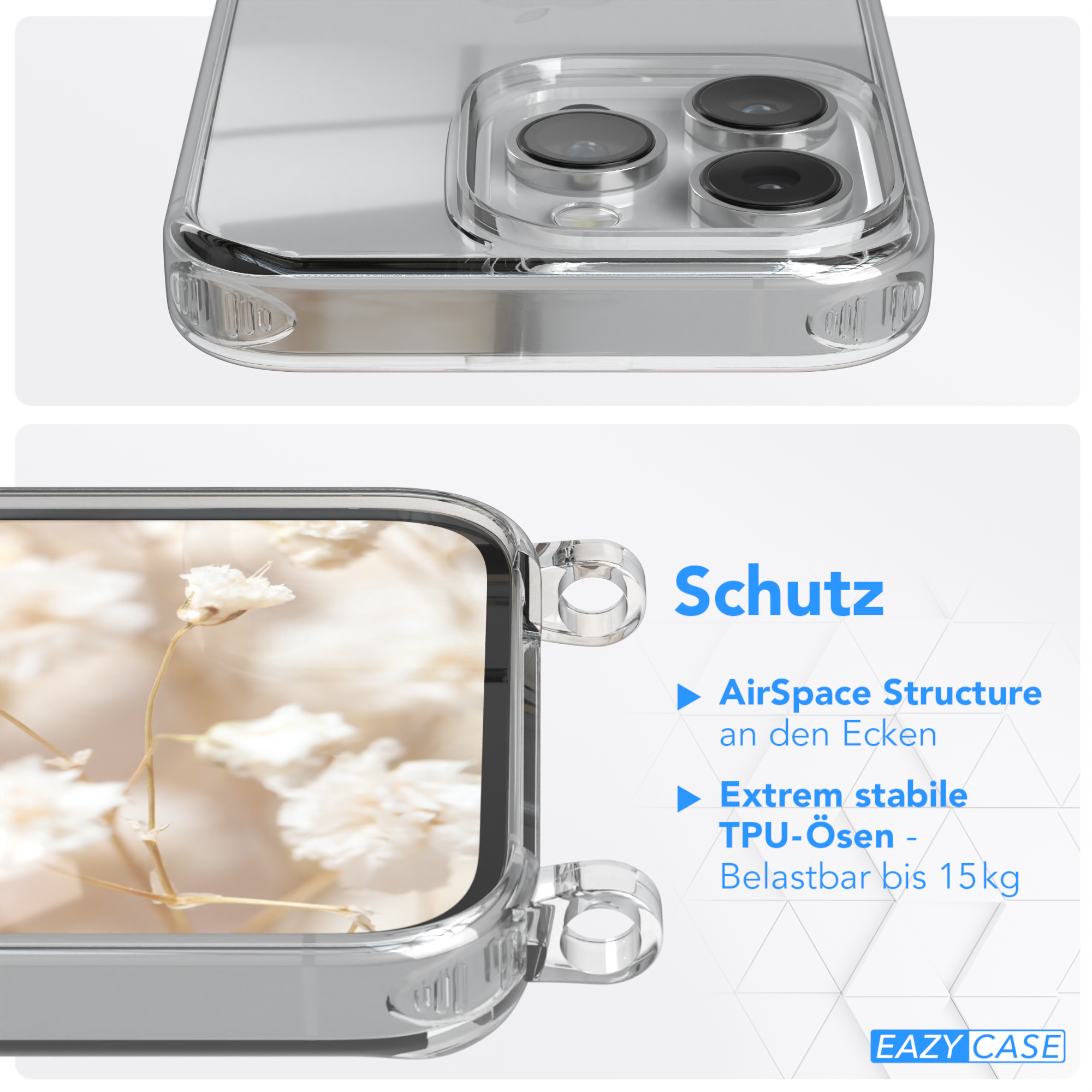 Nahaufnahme einer Handyhülle mit Text über Schutzfunktionen: AirSpace Structure, TPU-Ösen.