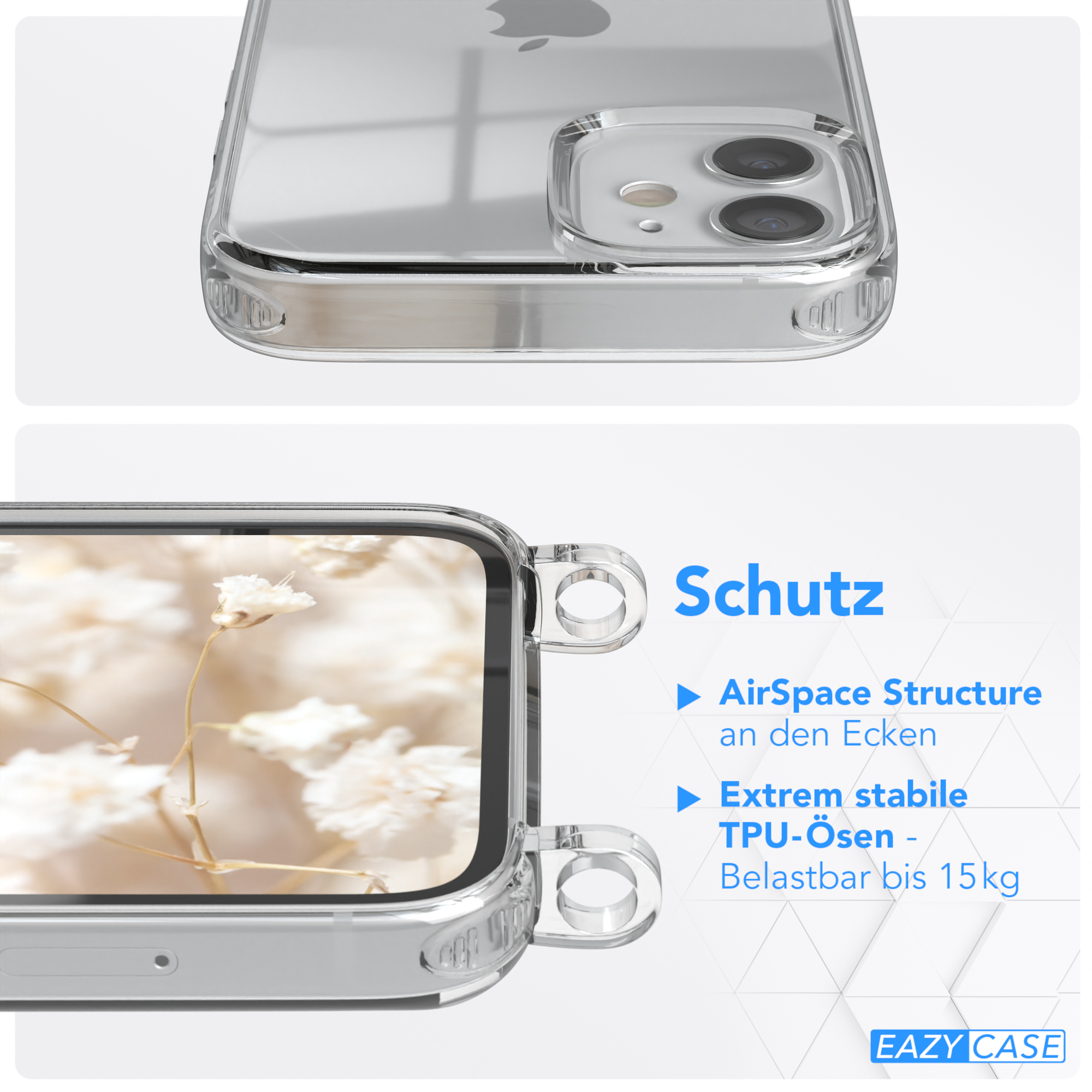 Transparente Handyhülle mit floralem Hintergrund. Text über Schutz und Eigenschaften.