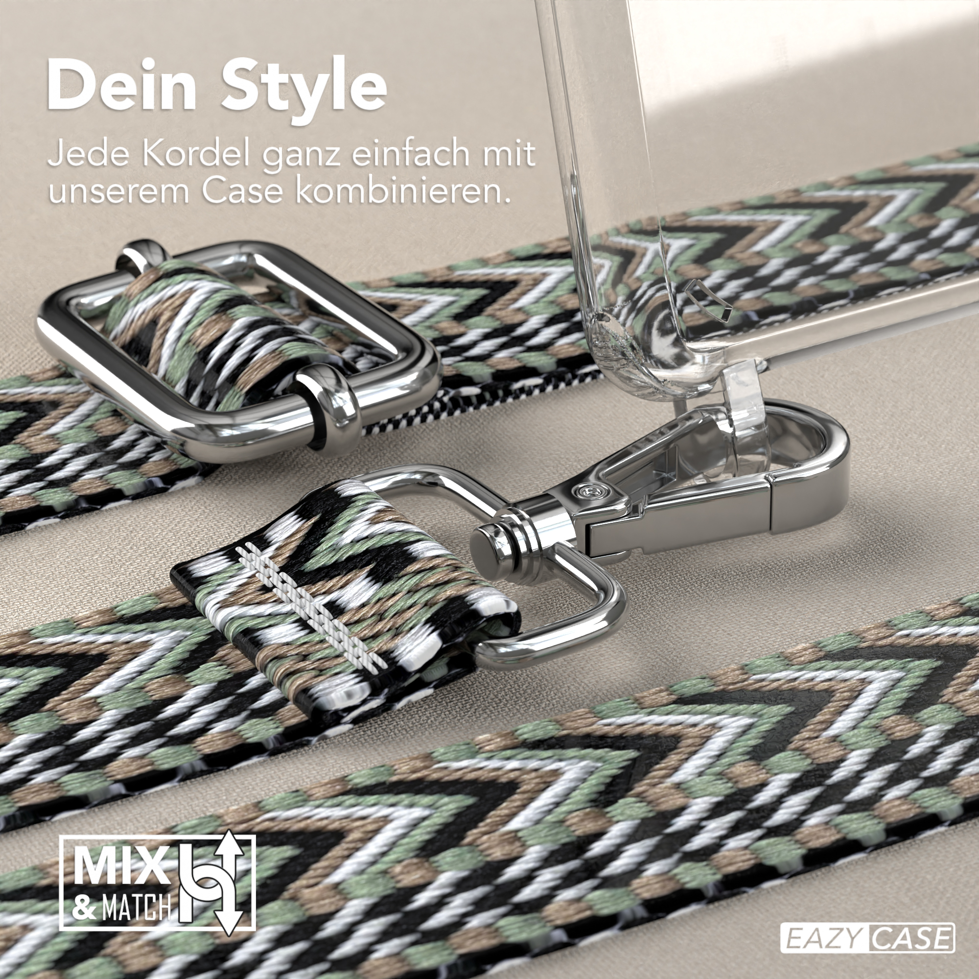 Nahaufnahme eines Handy-Case-Riemens mit silbernen Haken. Der Riemen ist grün, schwarz und weiß.