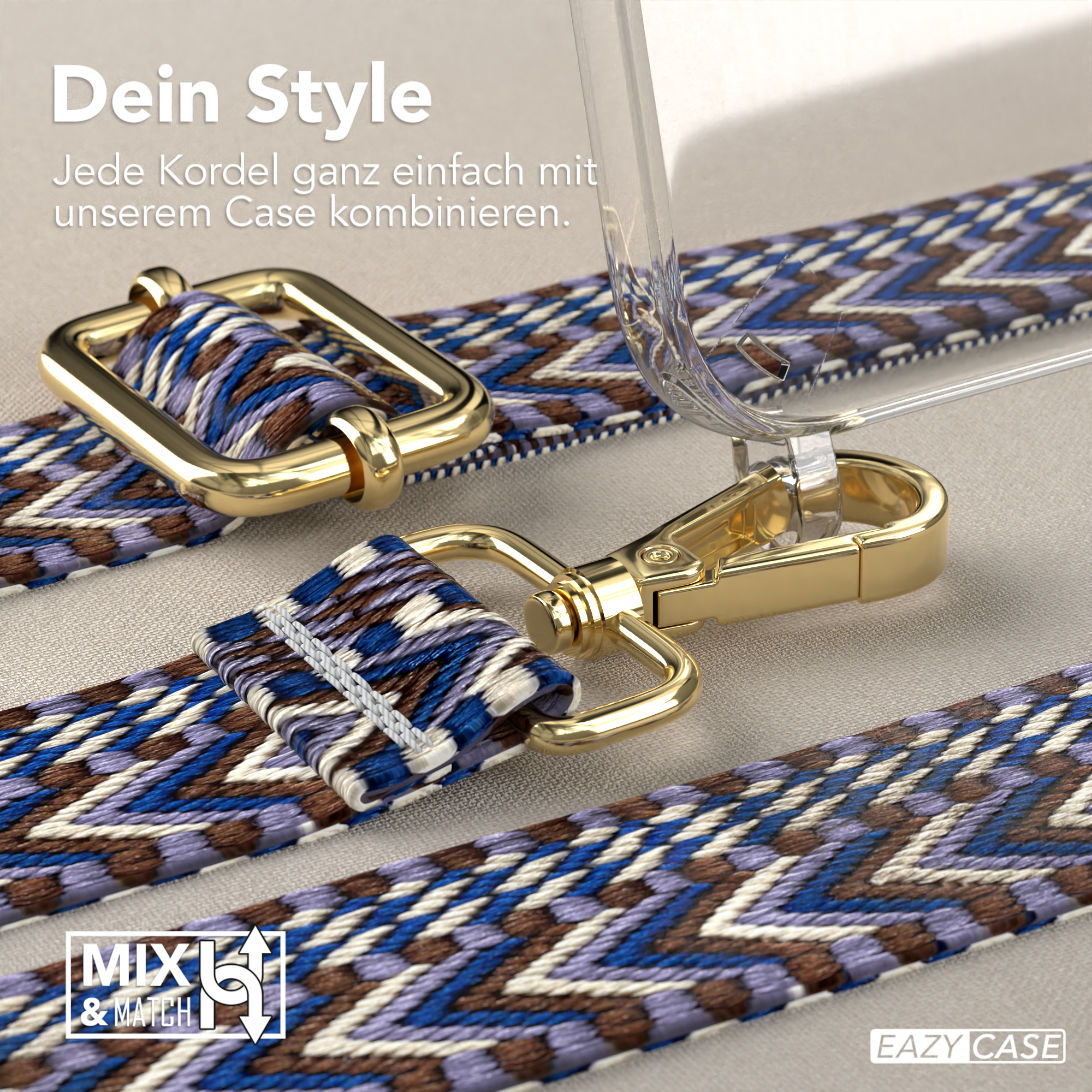 Nahaufnahme eines Telefonriemens mit goldenem Verschluss und blauem Webmuster. Gehäuse teilweise sichtbar.