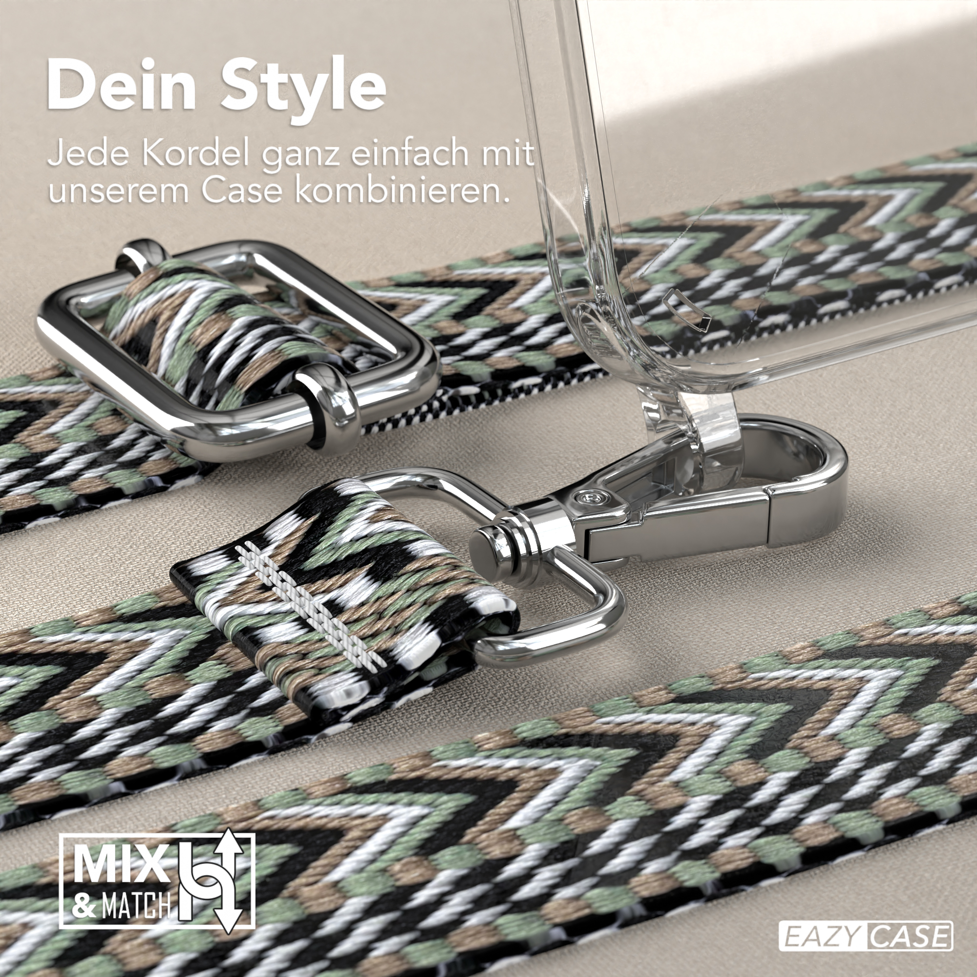 Nahaufnahme einer Handyhülle mit silberner Schnalle und buntem Riemen, Zubehör.