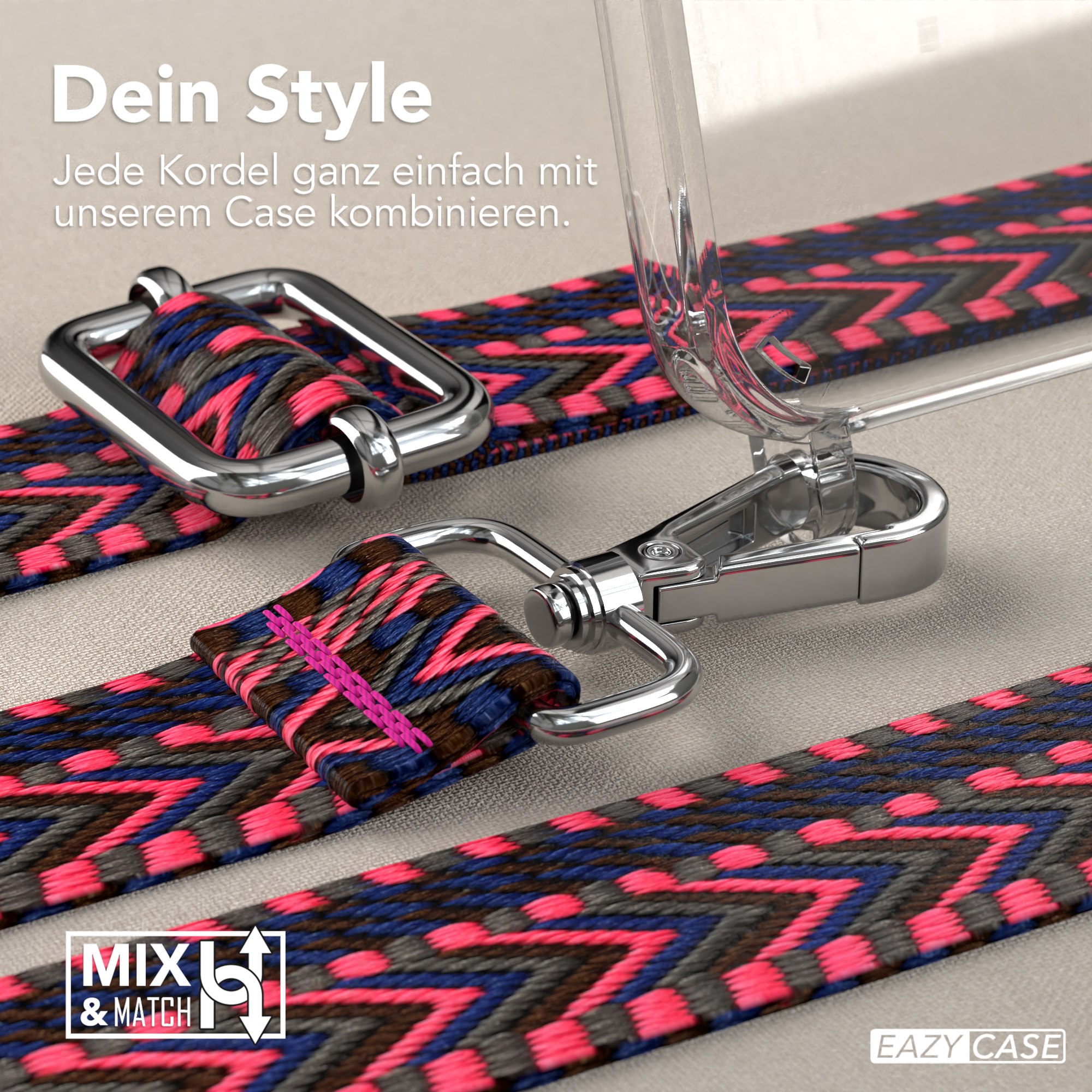 Nahaufnahme von Handyhüllenband und Hülle. Text: 'Dein Style. Kombiniere jedes Band mit unserer Hülle.'