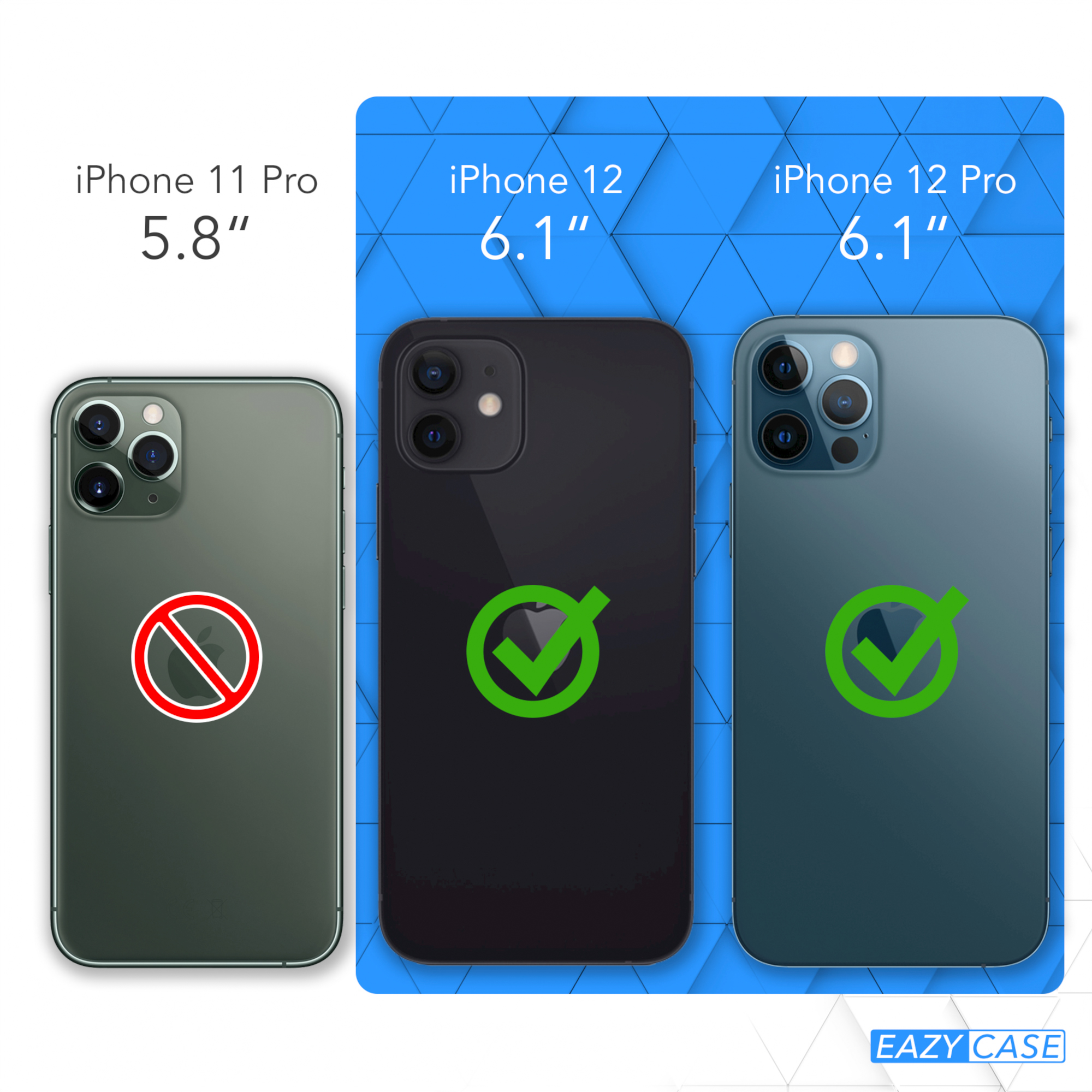 iPhone-Größenvergleich: iPhone 11 Pro, 12 und 12 Pro.