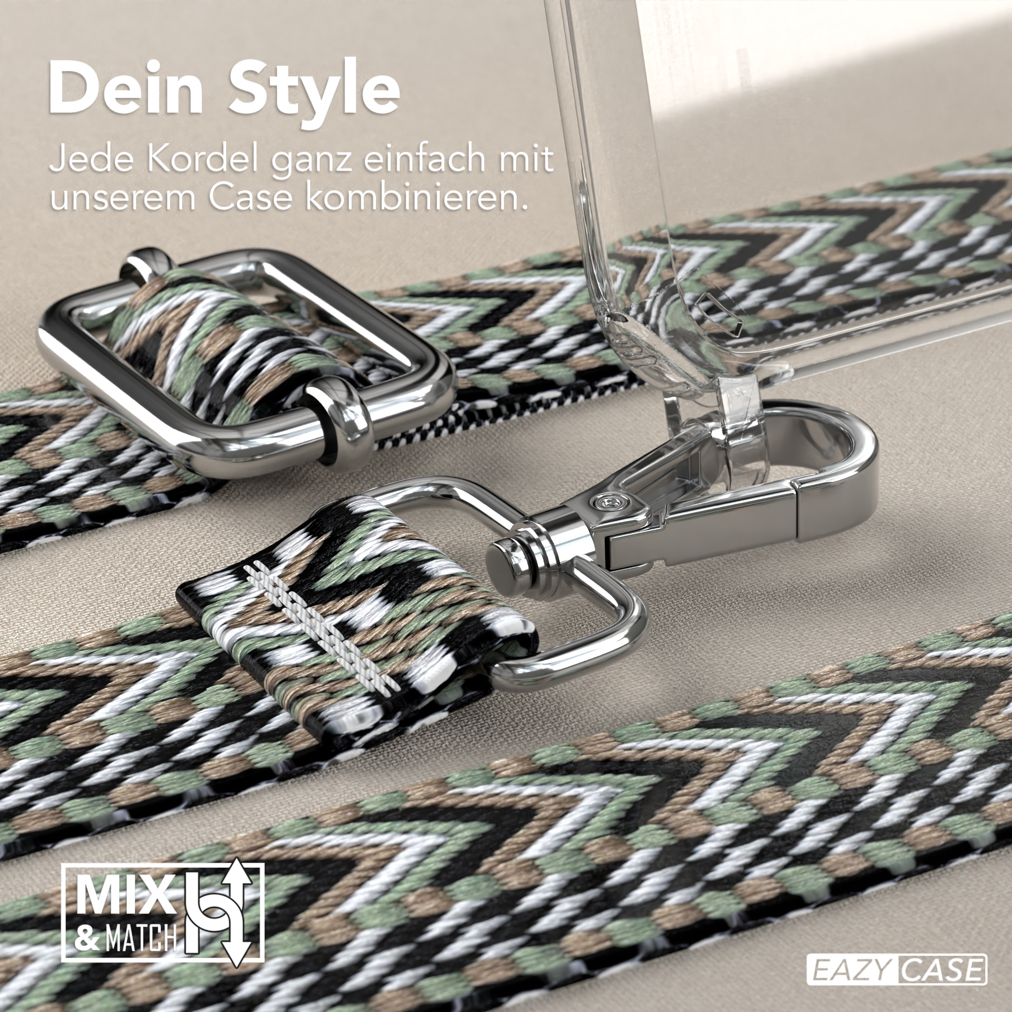 Handyhülle mit Trägern. Nahaufnahme mit grünen, weißen und braunen Mustern.